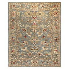 Tappeto contemporaneo in stile Oushak, 7 ft × 9 ft , blu e avorio con