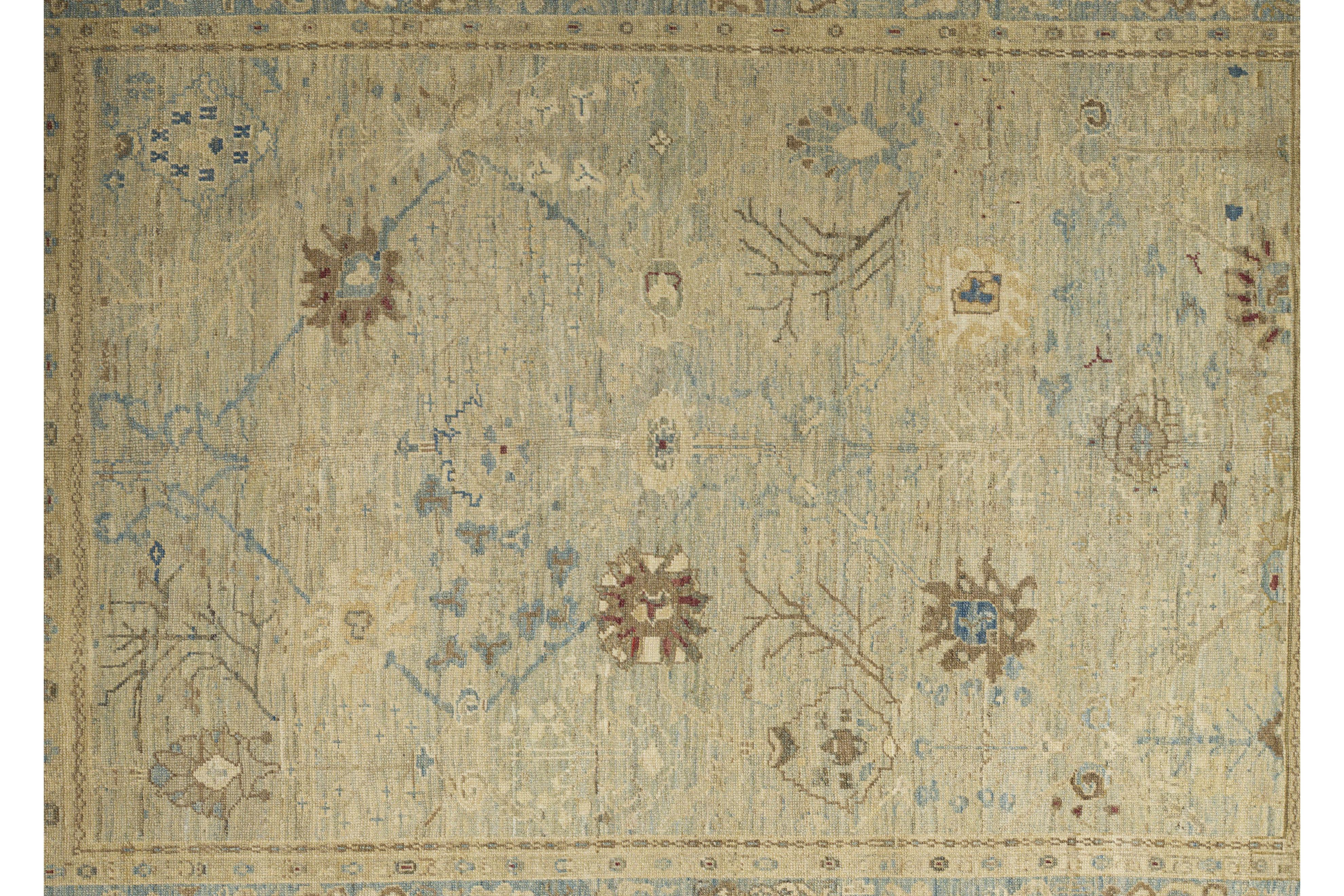 Tappeto contemporaneo in stile Oushak, 8 ft 9 in × 12 ft 2 in, blu e beige morbido in vendita 4