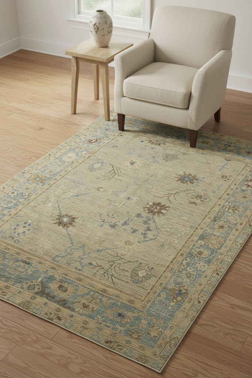Questo tappeto contemporaneo in stile Oushak presenta una raffinata composizione allover incorniciata da un ampio bordo con delicati motivi floreali e di vite. La tavolozza riunisce le tonalità tenui del blu, del beige e dell'oro, creando un look