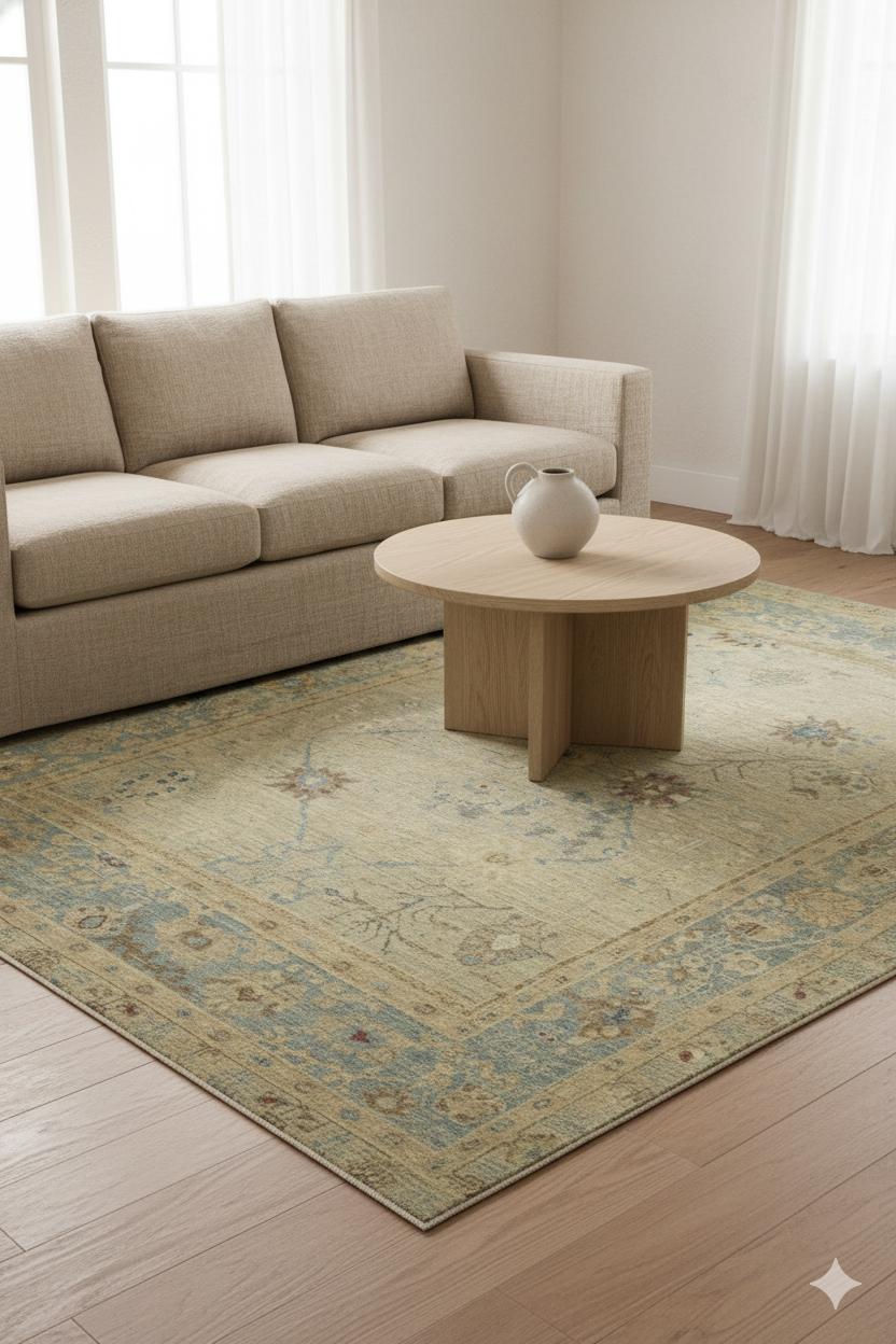 Turco Tappeto contemporaneo in stile Oushak, 8 ft 9 in × 12 ft 2 in, blu e beige morbido in vendita