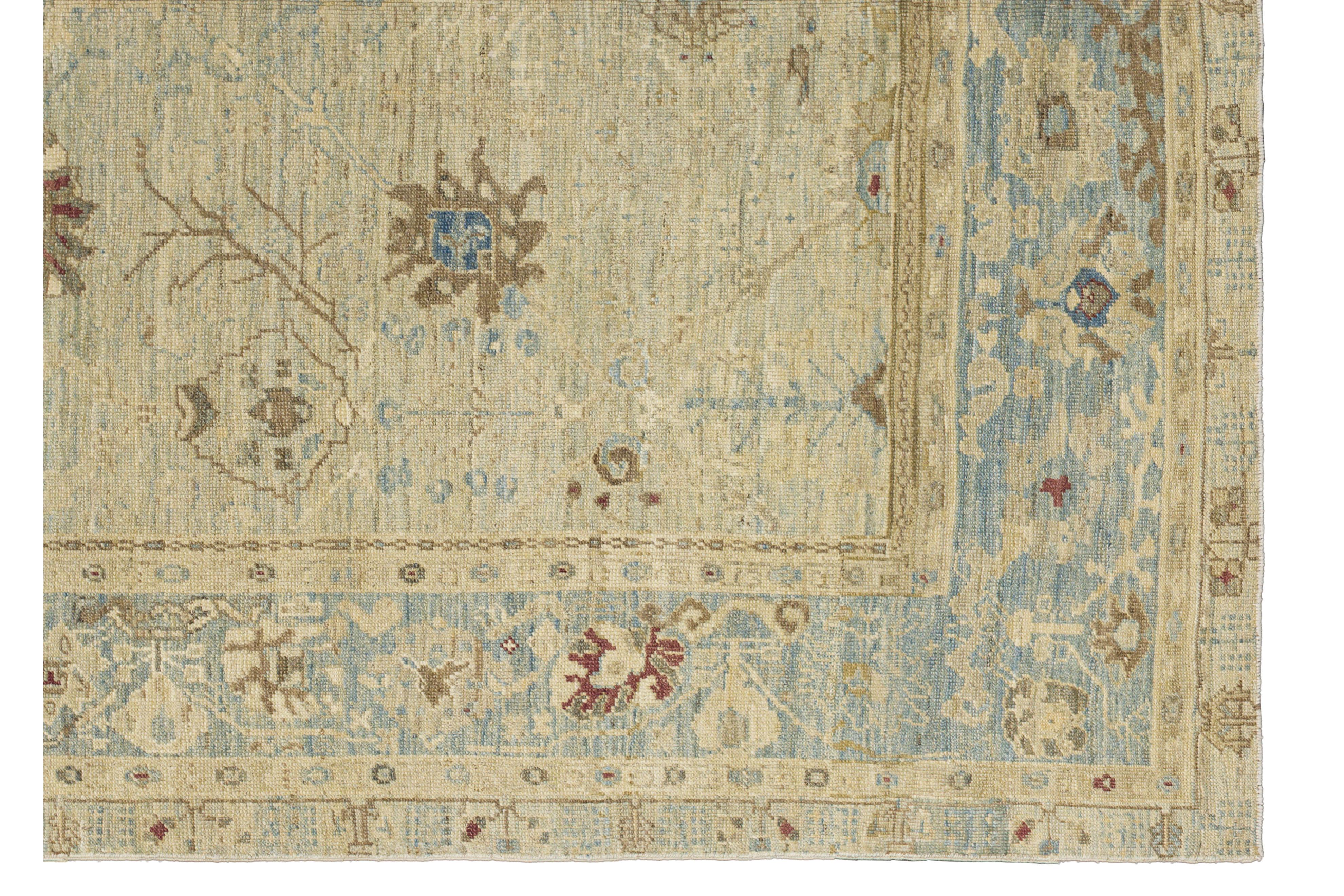 XX secolo Tappeto contemporaneo in stile Oushak, 8 ft 9 in × 12 ft 2 in, blu e beige morbido in vendita