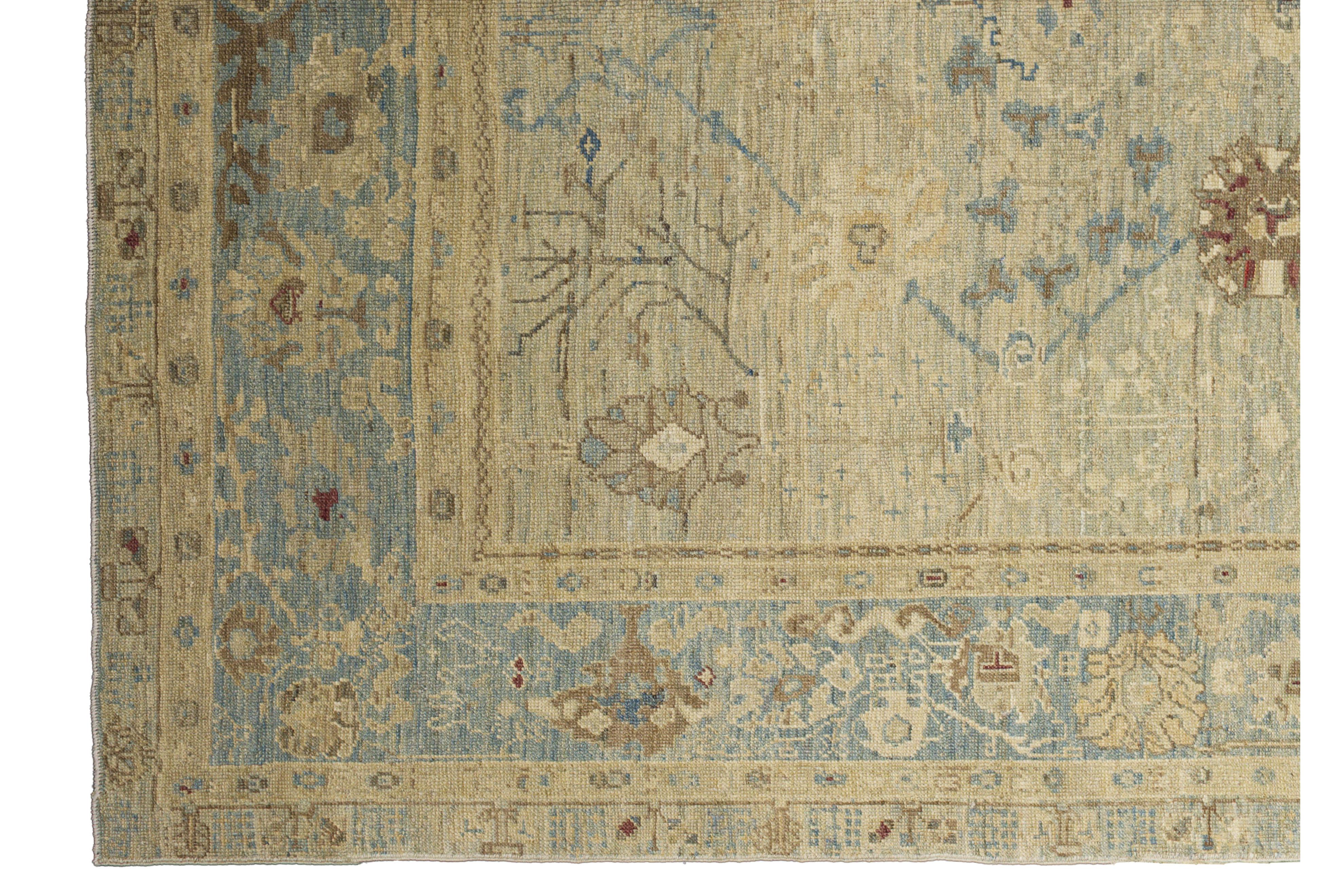 Lana Tappeto contemporaneo in stile Oushak, 8 ft 9 in × 12 ft 2 in, blu e beige morbido in vendita