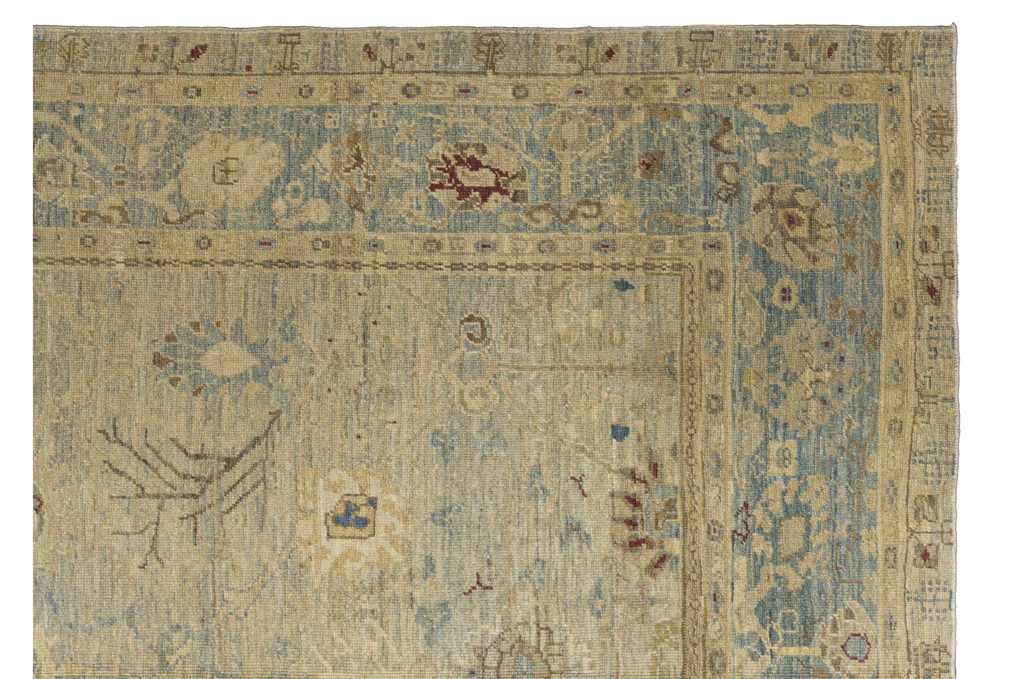 Tappeto contemporaneo in stile Oushak, 8 ft 9 in × 12 ft 2 in, blu e beige morbido in vendita 1