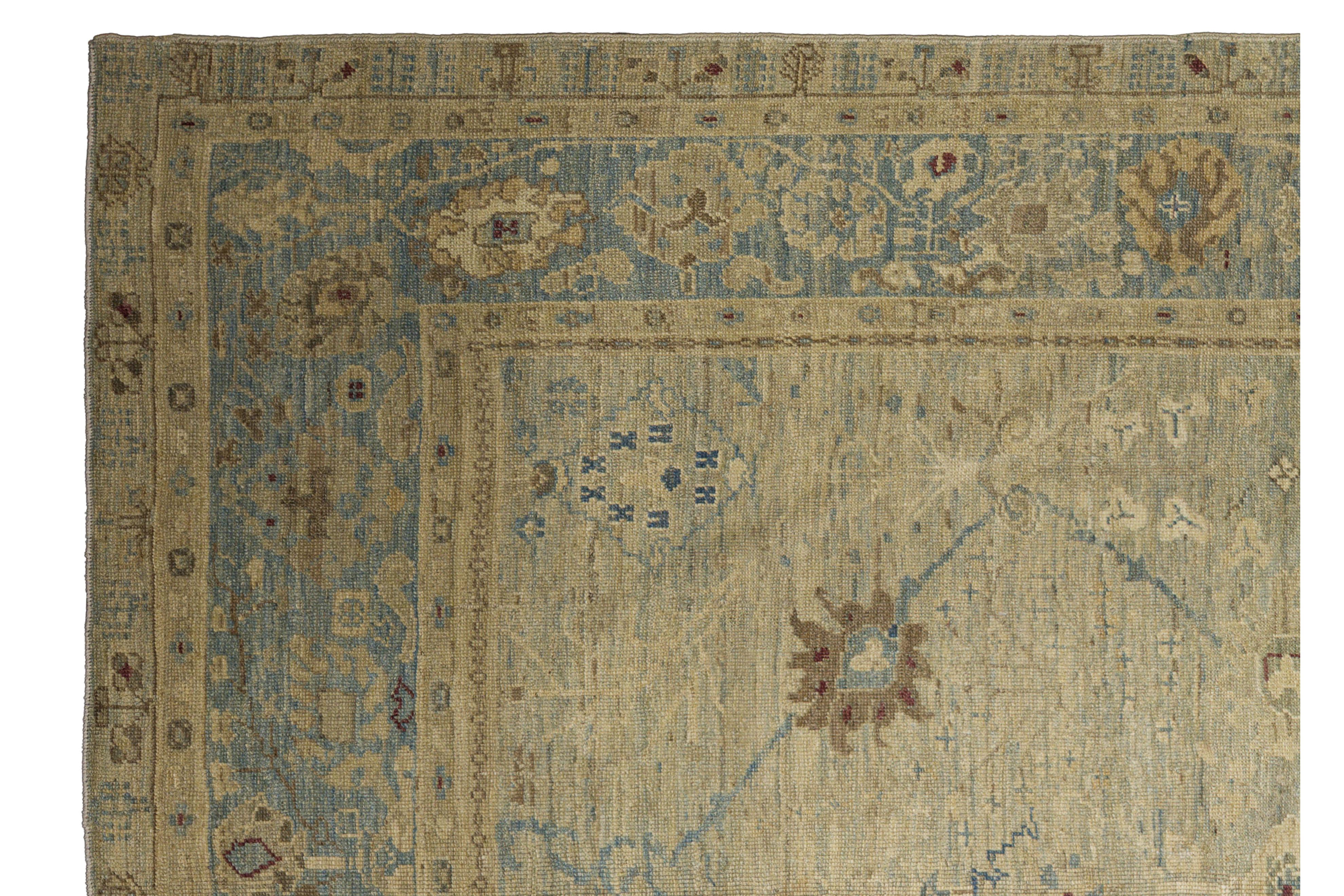 Tappeto contemporaneo in stile Oushak, 8 ft 9 in × 12 ft 2 in, blu e beige morbido in vendita 2