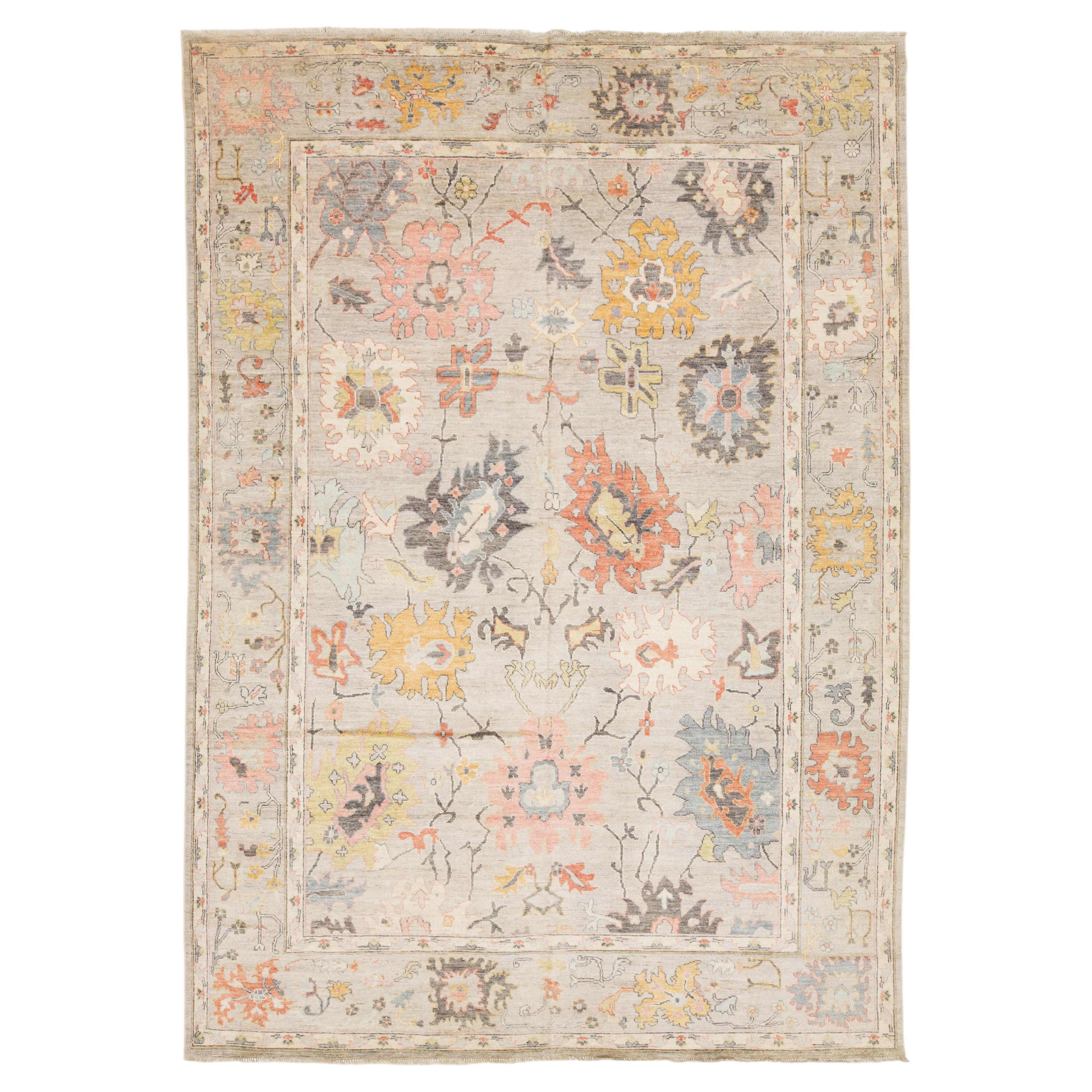 Contemporary Oushak Transitional Rug Muted Earth Tones & Large Floral Medallions For Sale