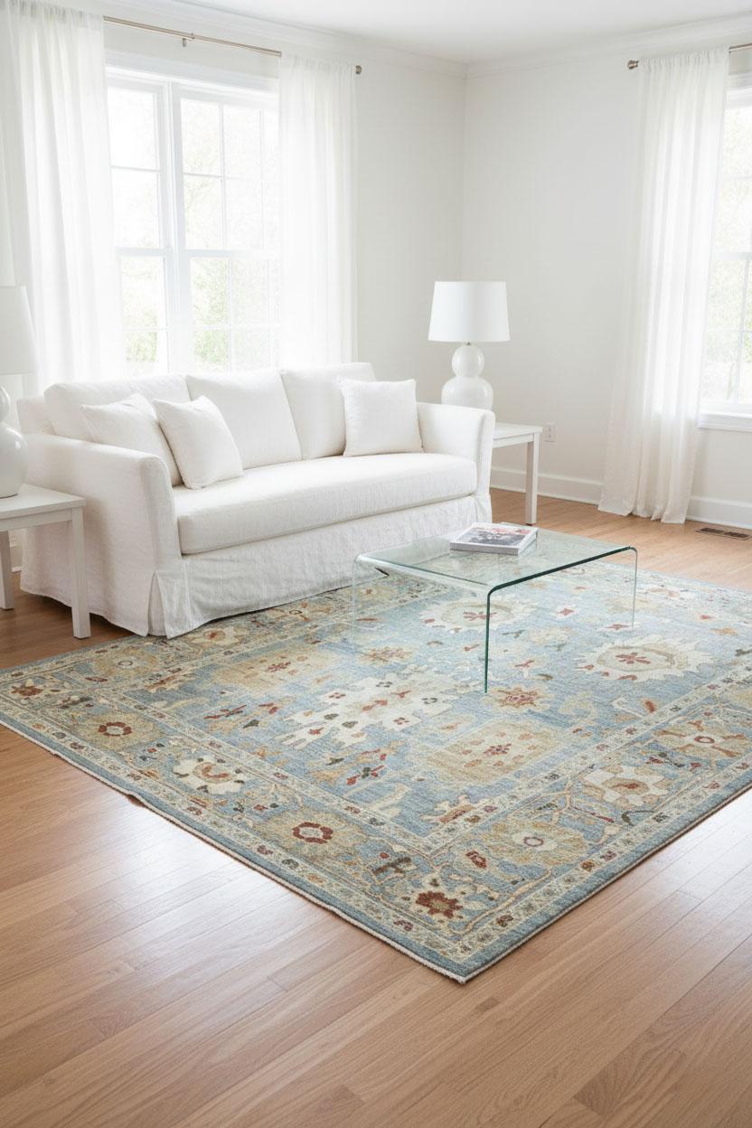 Ce tapis contemporain de style Oushak présente les caractéristiques de la tradition : des motifs floraux généreux, un espacement ouvert et une palette magnifiquement adoucie. Tissé en laine avec un toucher mi-poil, il offre à la fois durabilité et