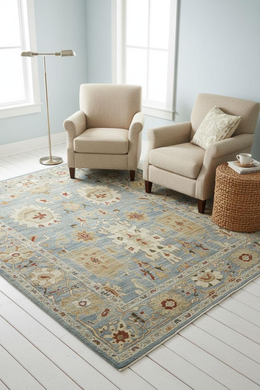 Afghan Tapis contemporain en laine Oushak, 8 pi × 10 pi , Bleu clair et sable en vente