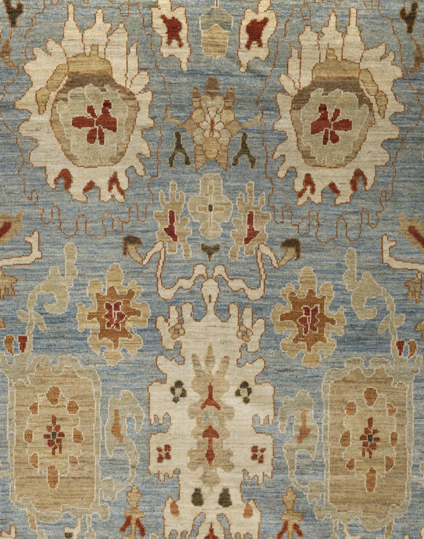 Laine Tapis contemporain en laine Oushak, 8 pi × 10 pi , Bleu clair et sable en vente