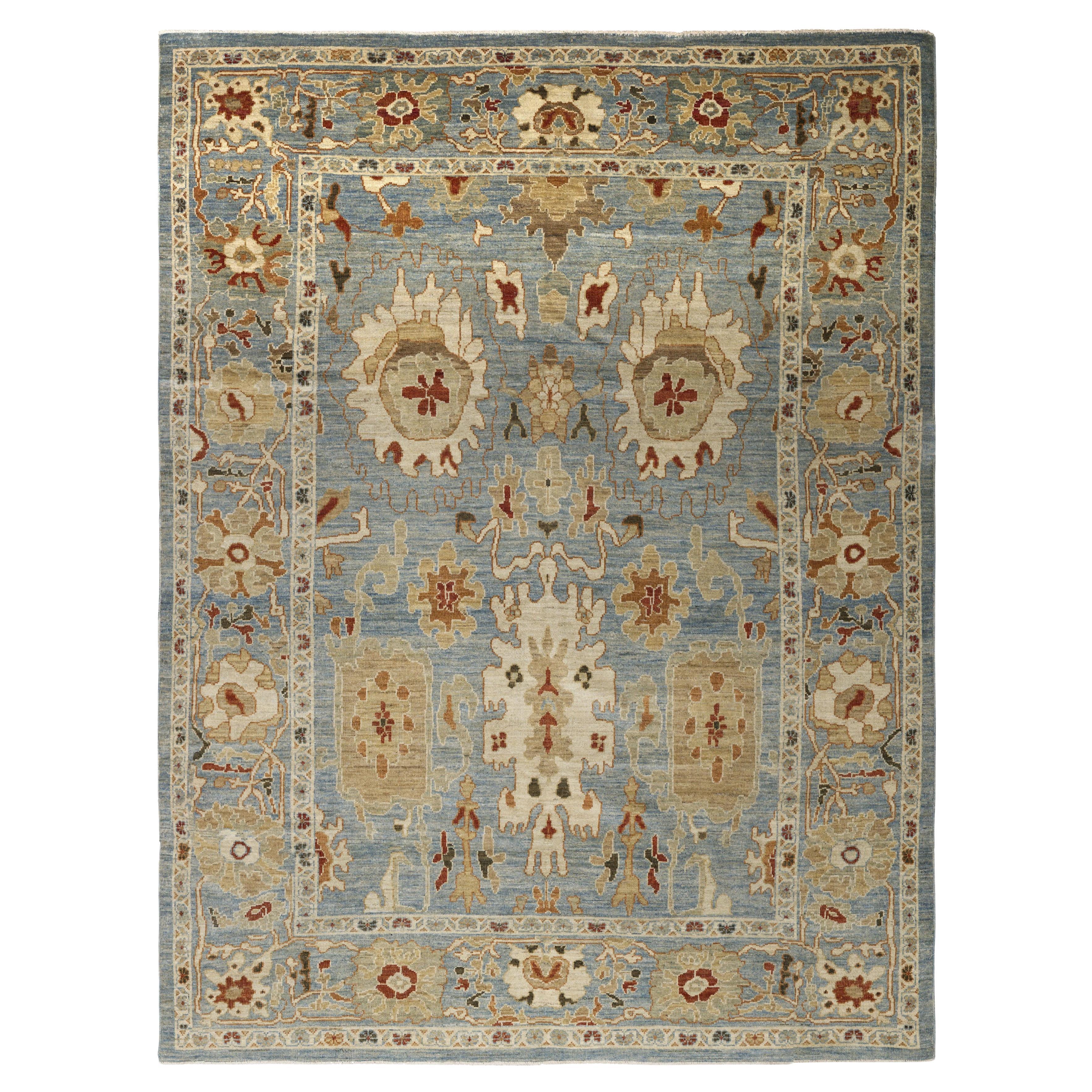 Tappeto contemporaneo in lana Oushak, 8 ft × 10 ft , azzurro e sabbia