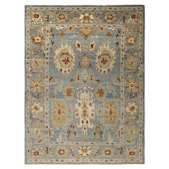 Zeitgenössischer Oushak-Wollteppich, 8 Fuß × 10 Fuß, Hellblau und Sand