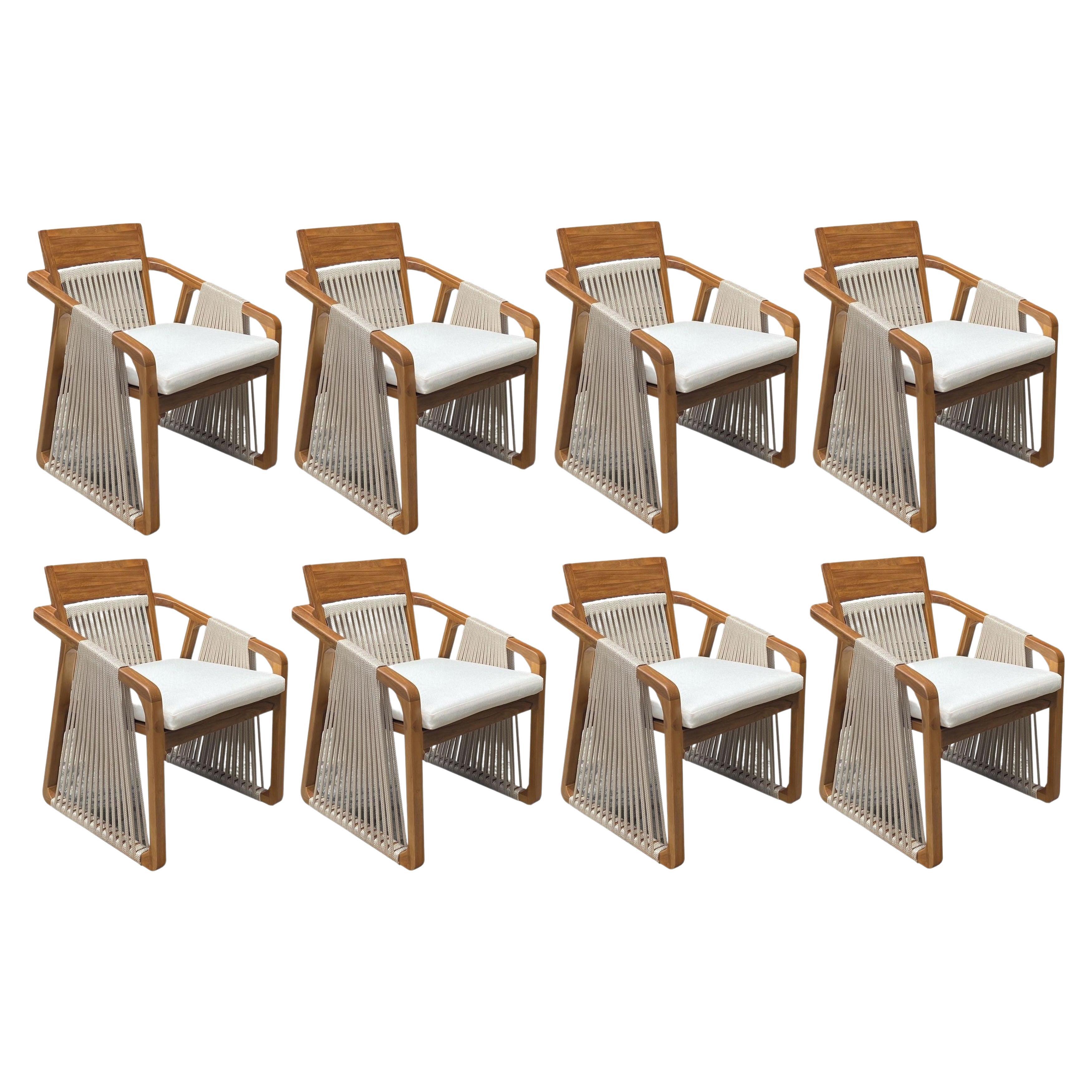 Contemporary Outdoor Dining Chairs in Brown Teak 'Set of 8' For Sale