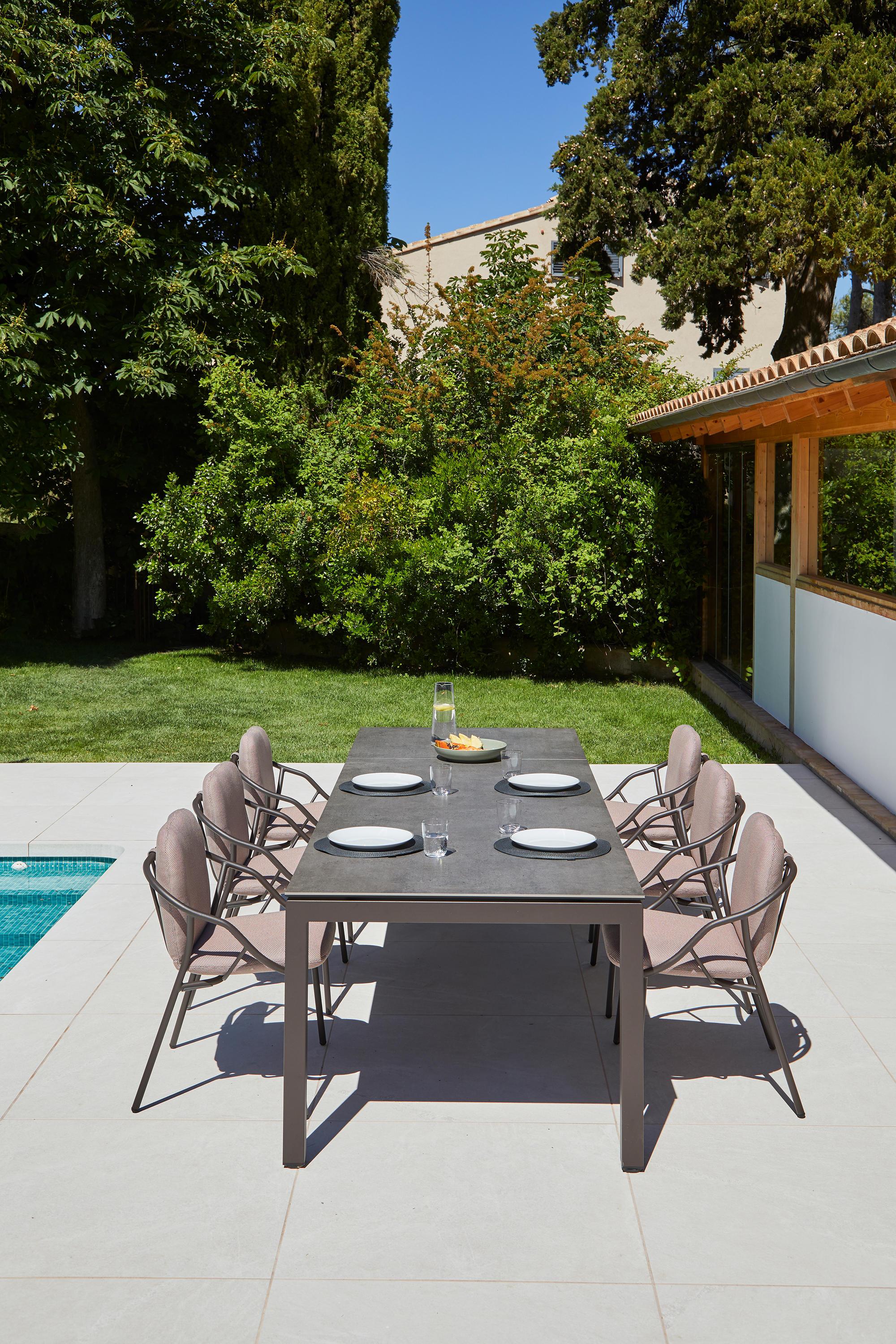 Contemporary Outdoor Dining Set, Ceramic Dining Table and Six Stackable ...