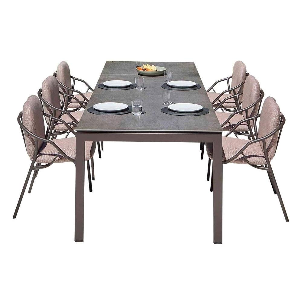 Contemporary Outdoor Dining Set, Ceramic Dining Table & Six Stackable Chairs For Sale