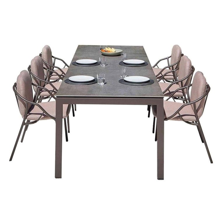 Contemporary Outdoor Dining Set, Ceramic Dining Table and Six Stackable  Chairs For Sale at 1stDibs