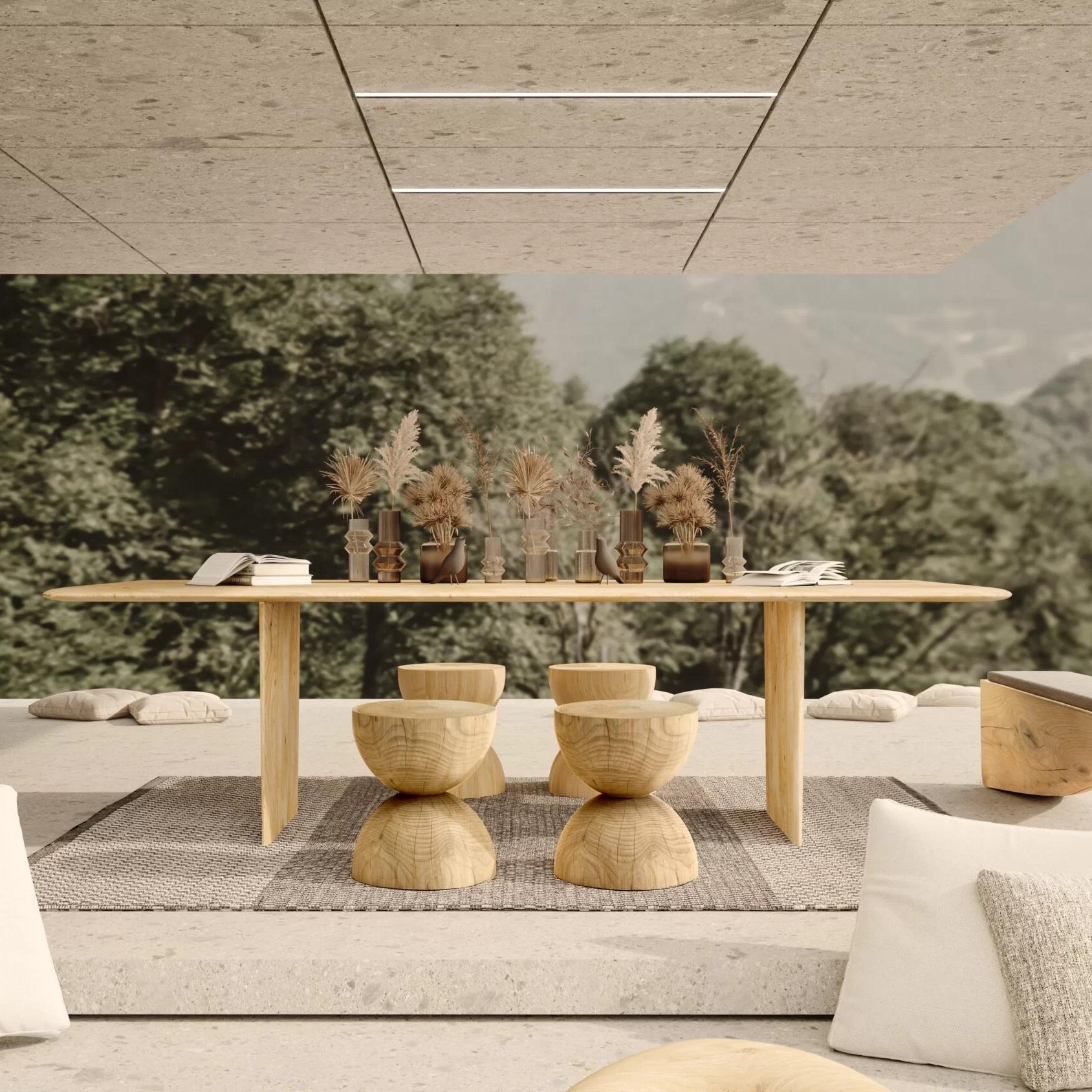 Mesa de comedor exterior contemporánea, ocho taburetes de madera maciza de cedro Cedro en venta