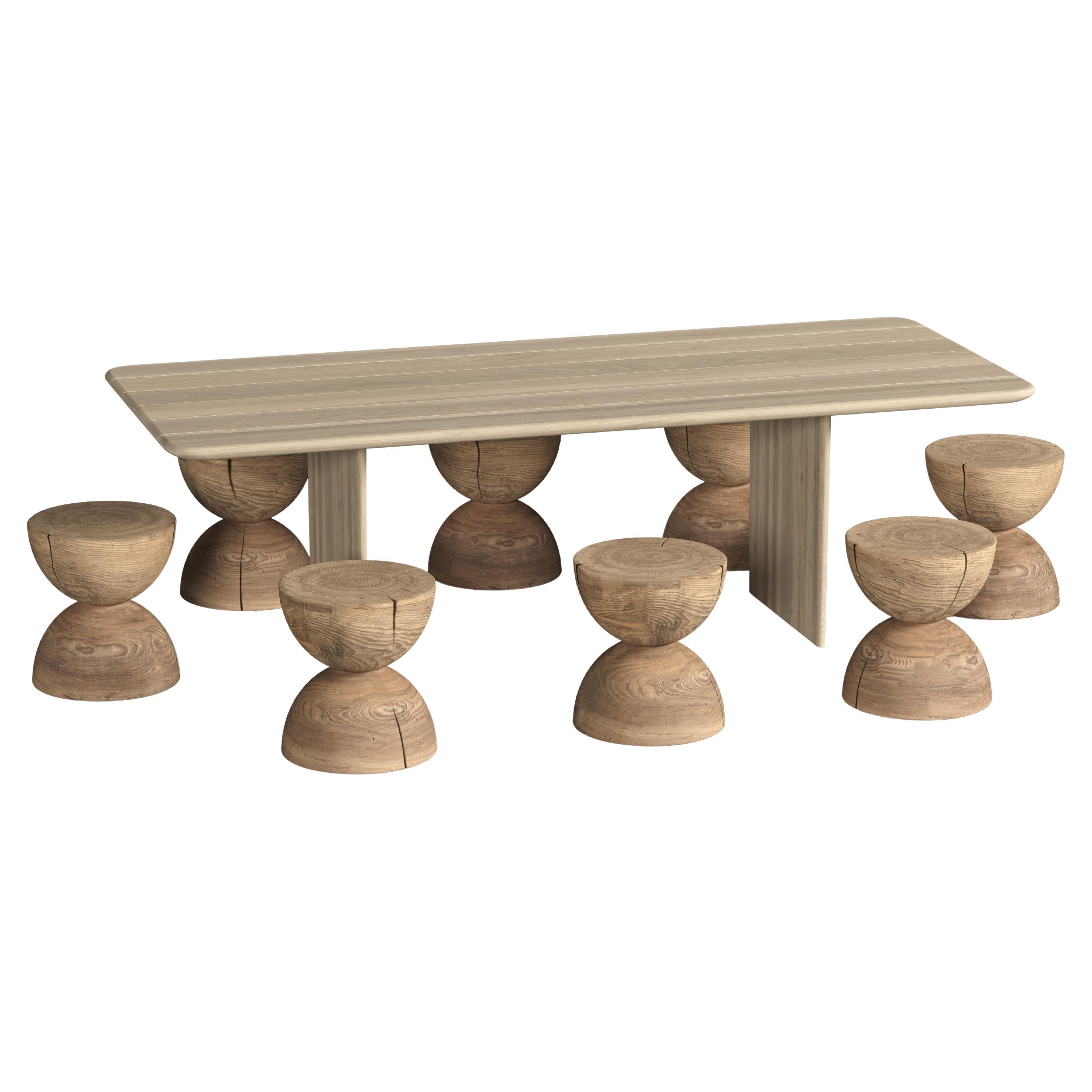 Mesa de comedor exterior contemporánea, ocho taburetes de madera maciza de cedro