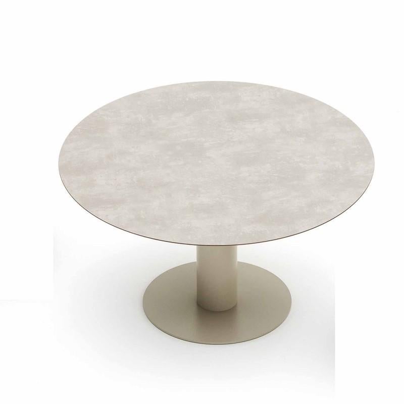 Contemporary outdoor table with modern design and circular shape. The structure is in painted steel and treated with protective advanced coating. comes with a central cylindrical stem and cross stem for fixing its marble top. The table is also