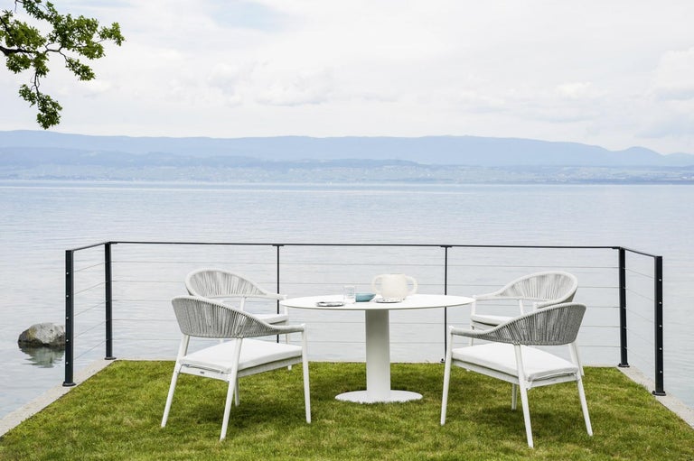 Contemporary Outdoor Dining Table Ft. Round Carrara Marble Top For Sale