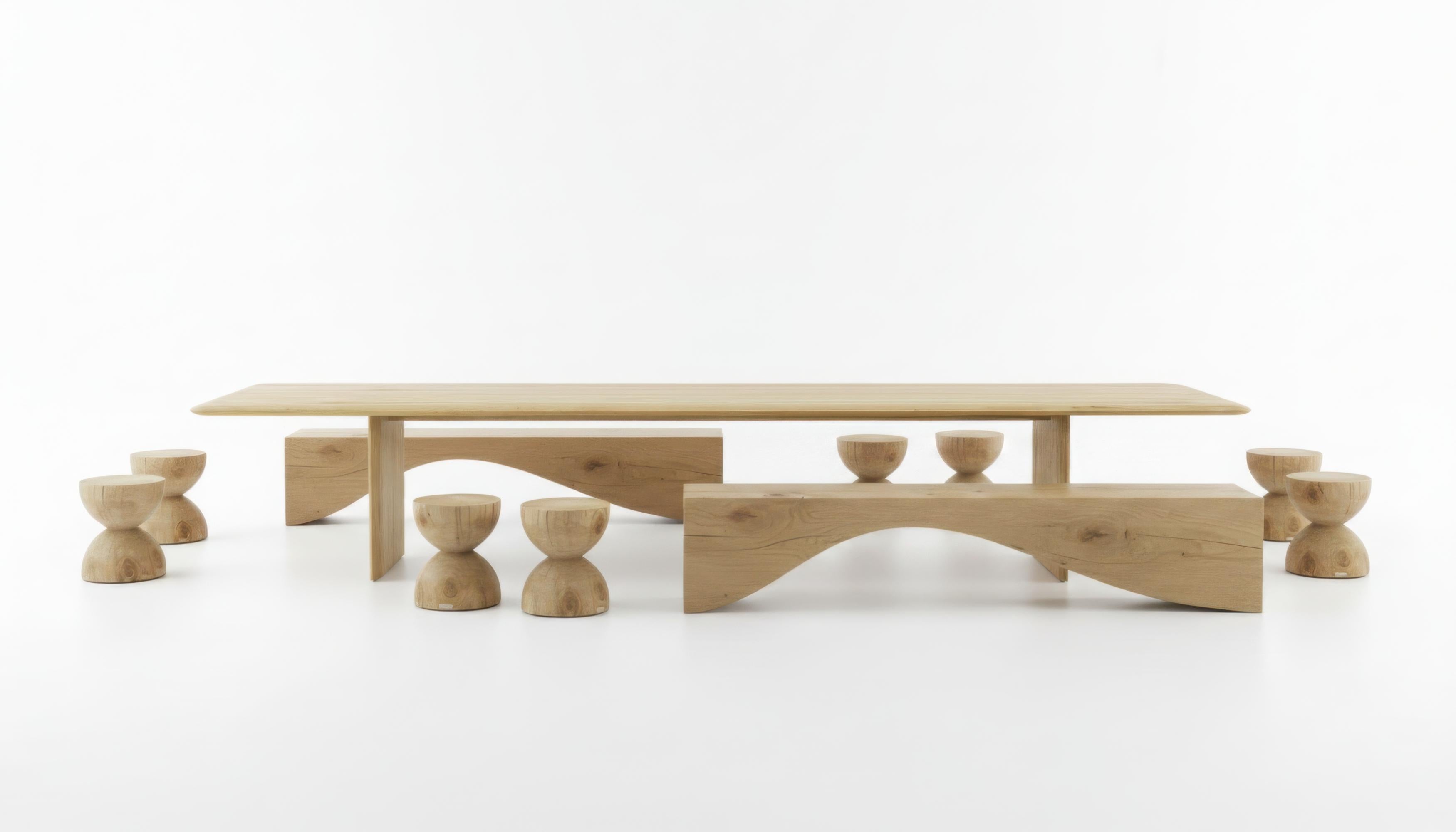 Contemporary Outdoor Dining Table, Seven Stools & Two Benches in Cedar Wood