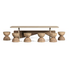 Table de salle à manger d'extérieur contemporaine, six tabourets et banc en bois de cèdre massif