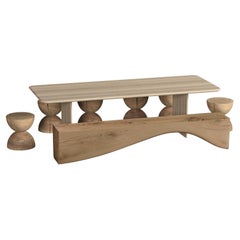 Table de salle à manger d'extérieur contemporaine, six tabourets et banc en bois de cèdre massif