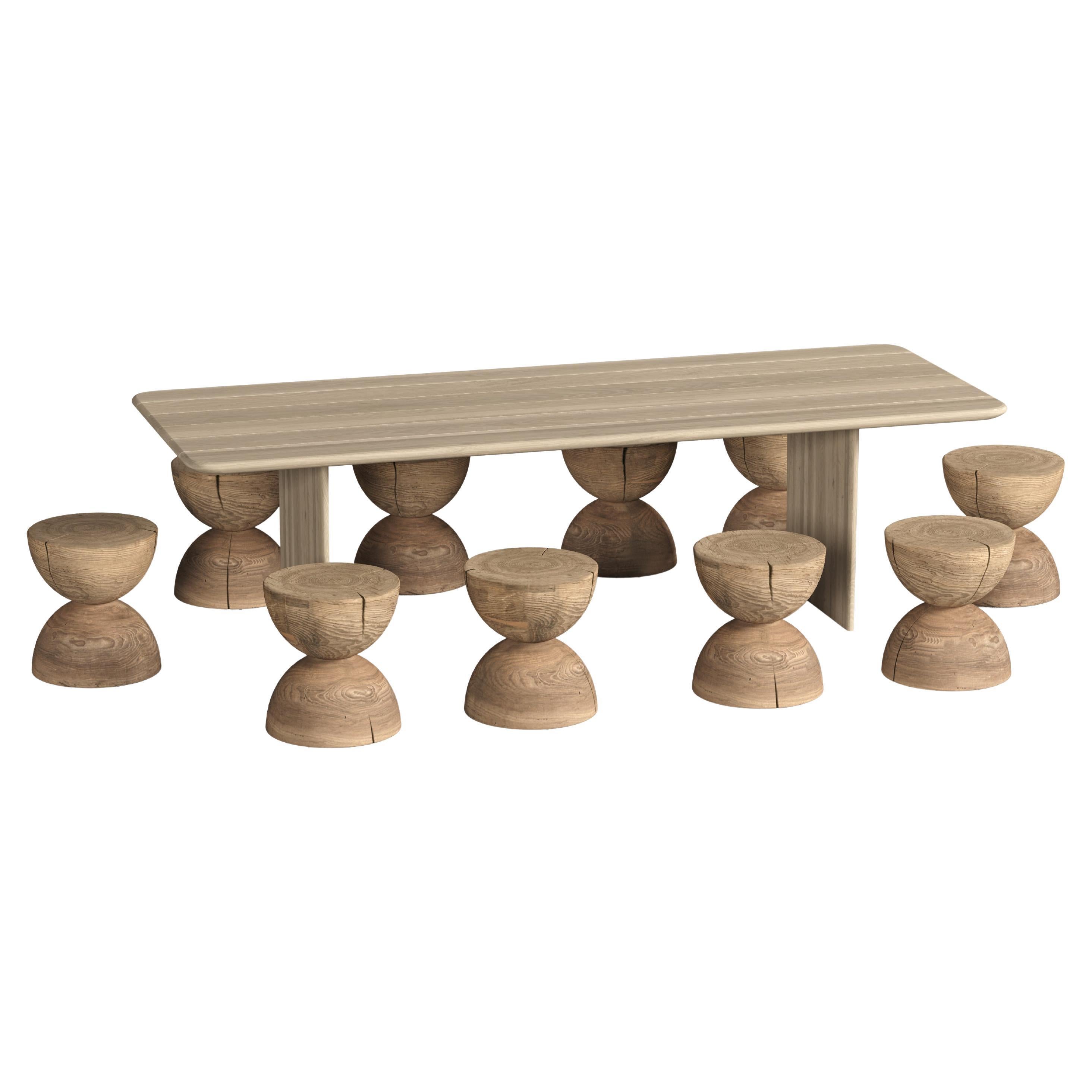 Mesa de comedor exterior contemporánea, diez taburetes de madera maciza de cedro