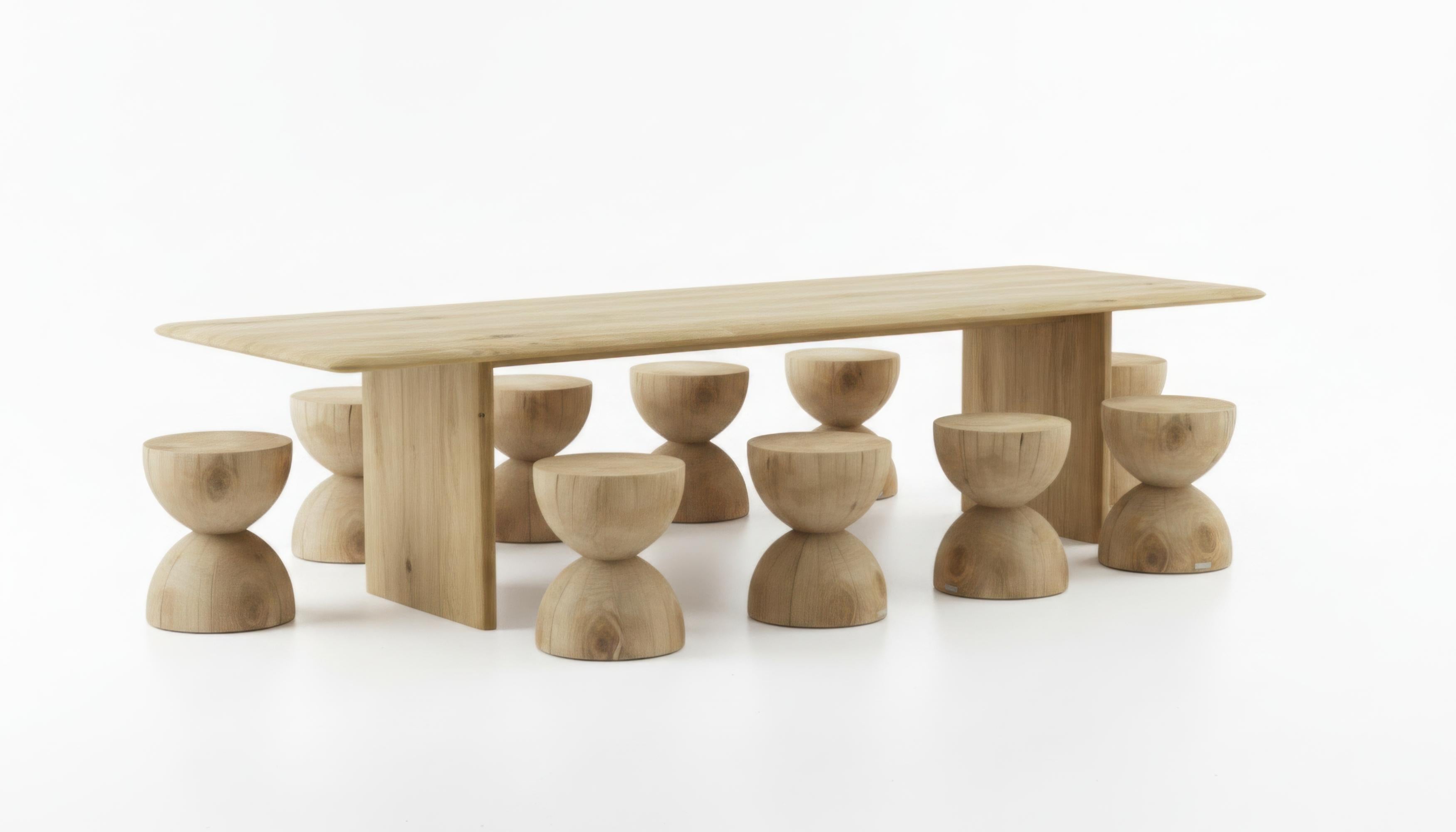 Contemporary Outdoor Dining Table, Ten Stools in Solid Cedar Wood