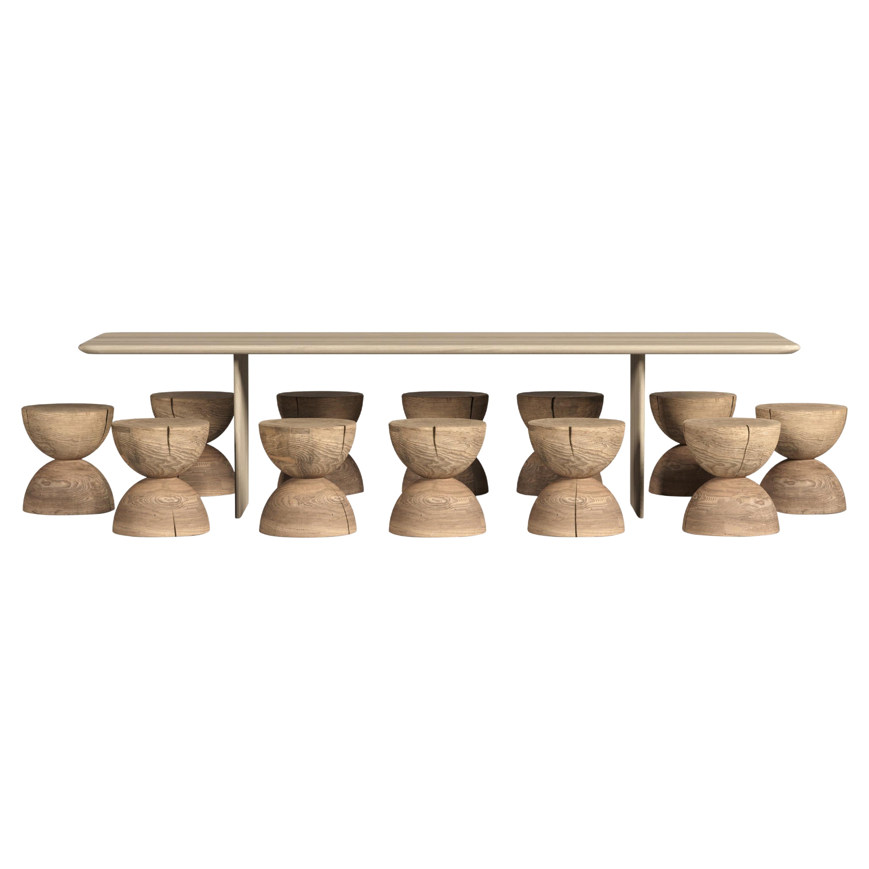 Contemporary Outdoor Dining Table, Twelve Stools in Solid Cedar Wood