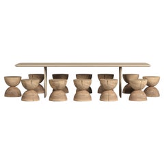 Contemporary Outdoor Dining Table, Twelve Stools in Solid Cedar Wood