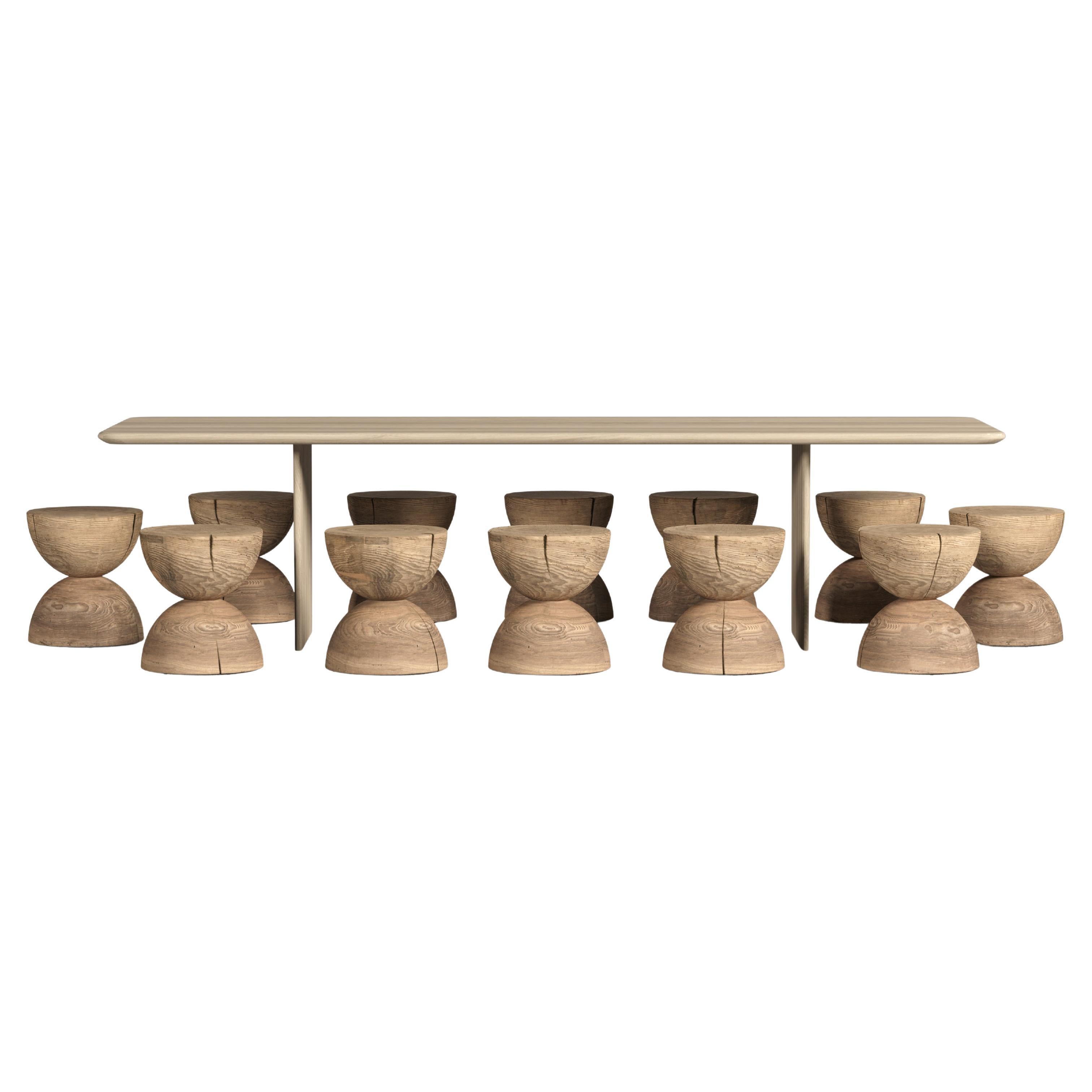 Mesa de comedor exterior contemporánea, doce taburetes de madera maciza de cedro