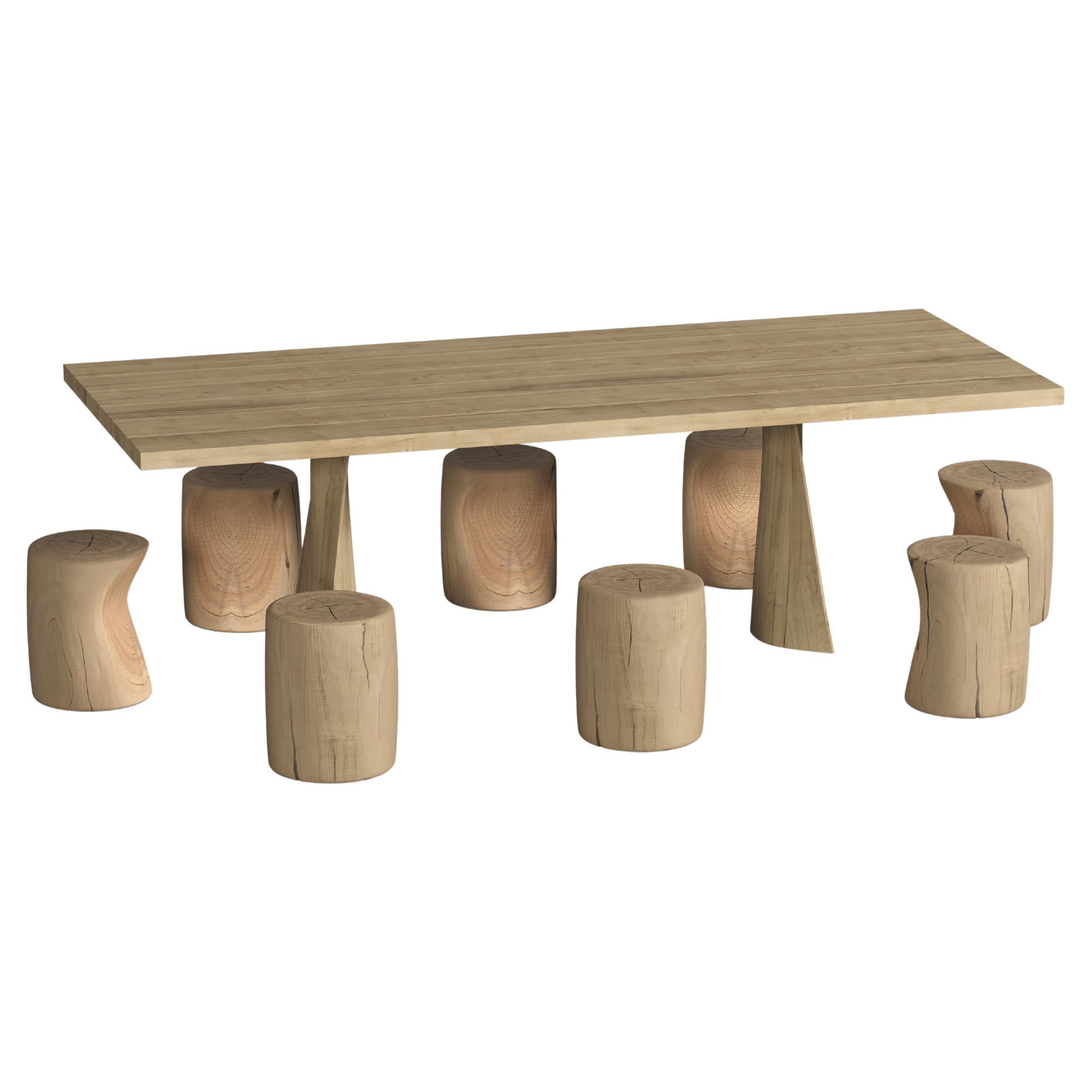 Mesa de comedor exterior contemporánea con ocho taburetes de madera maciza de cedro en venta