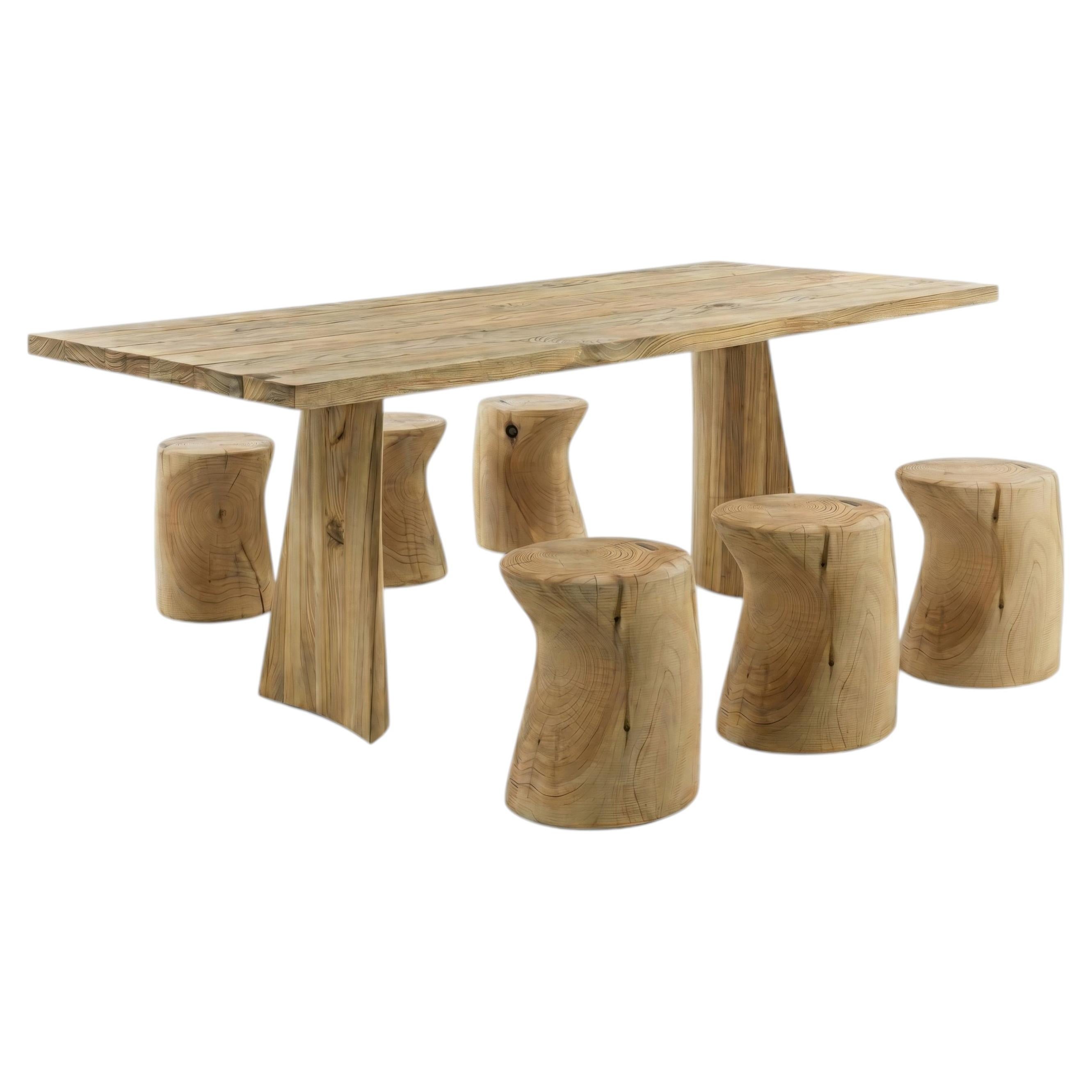 Contemporary Outdoor Dining Table With Six Stools in Solid Cedar Wood