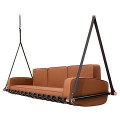 Sofá columpio de exterior en tapicería impermeable marrón con correas de cuero negro