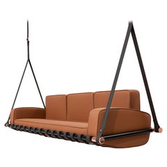 Modern Outdoor Leather Three Seat Hanging Sofa With Brown Fabrics