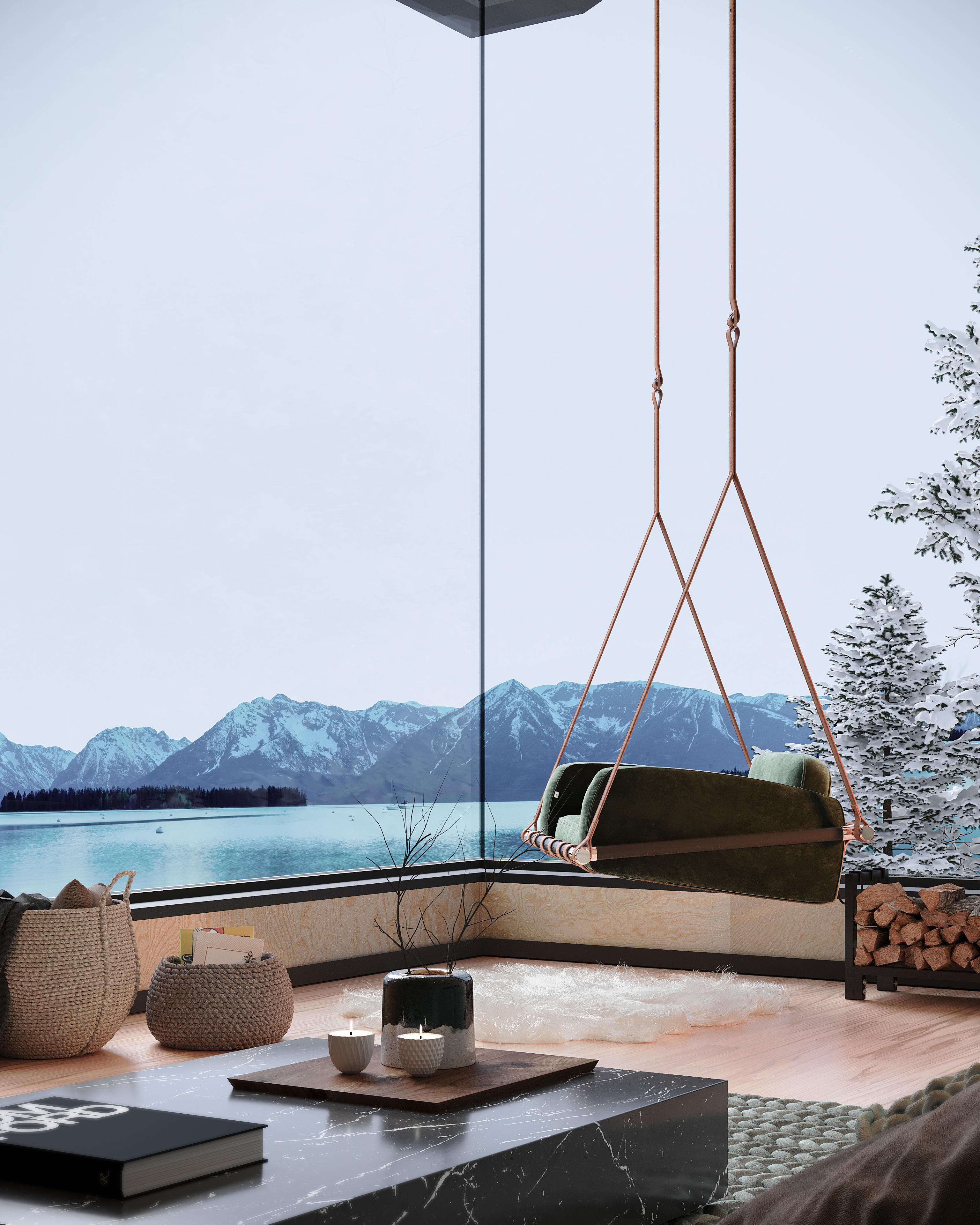Contemporary Outdoor Swing Chair in Beige Waterproof Upholstery with Brown Leather Straps For Sale