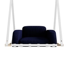 Modern Outdoor Swing Chair with Navy Upholstery White Frame and Gold Finishes