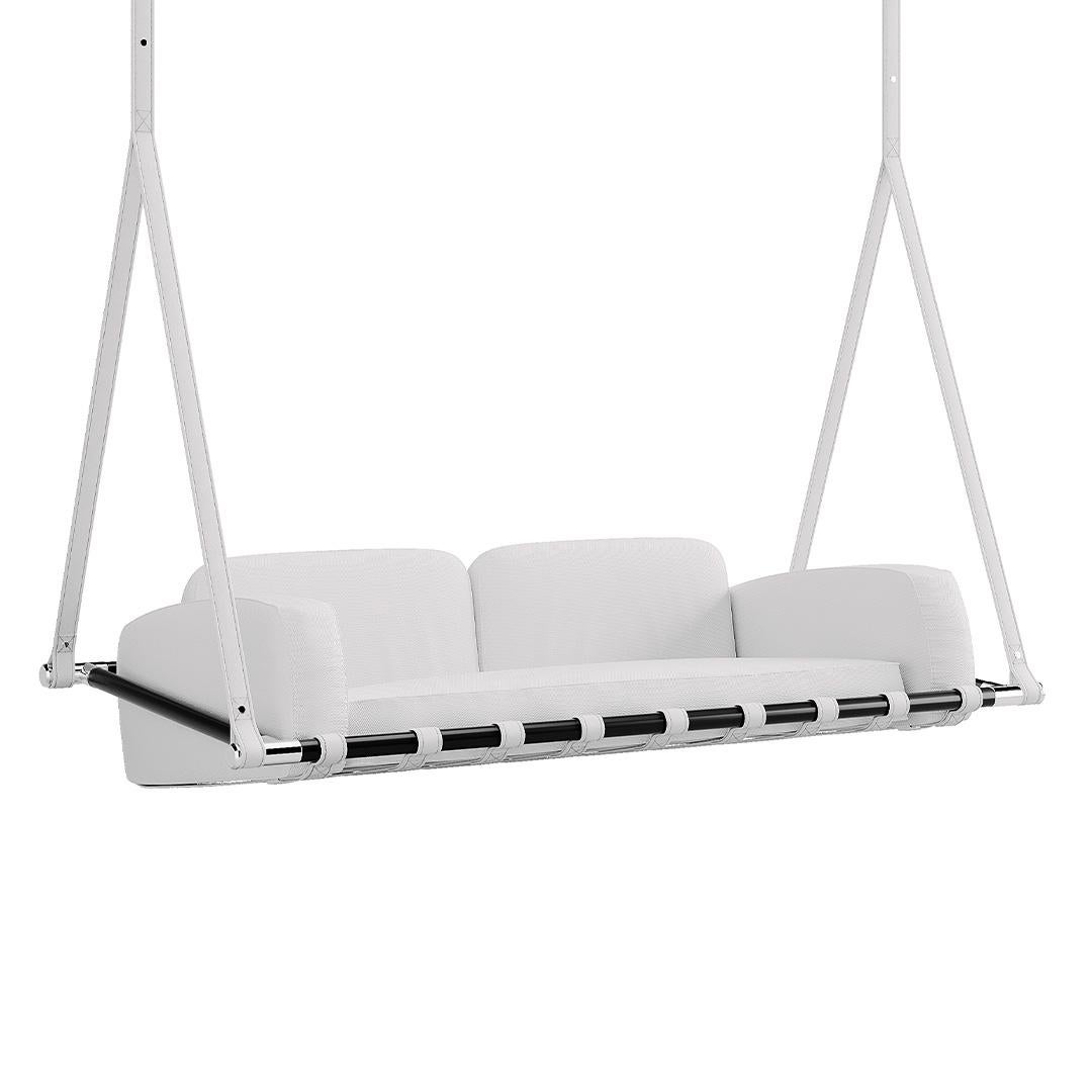 Fable, hanging sofa by Myface

21st Century contemporary outdoor hanging sofa made with structure: black matte lacquered stainless steel, Metallic details: nickel plated stainless steel, Upholstery: Acrylic fabric, Straps: outdoor synthetic
