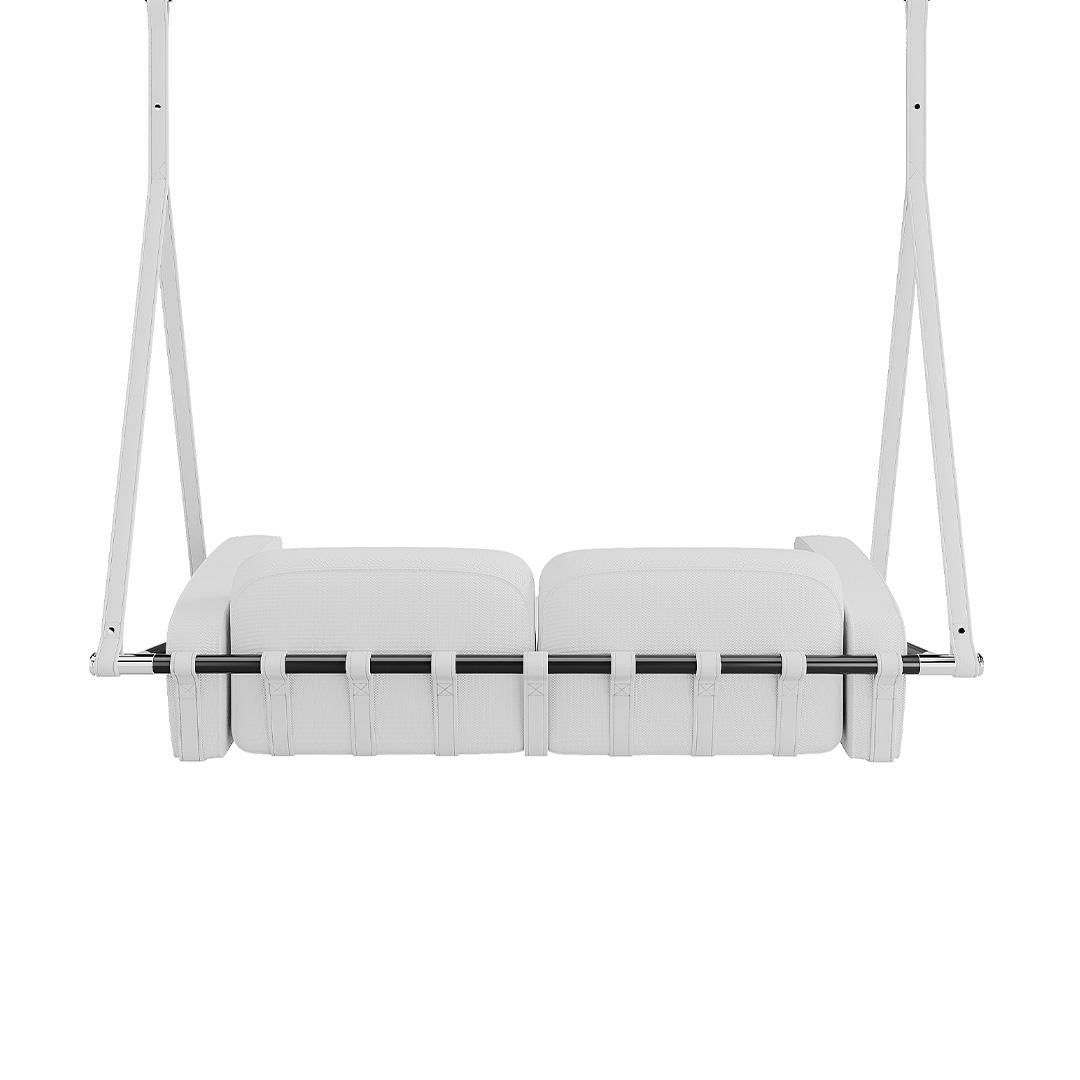 Zeitgenössisches hängendes Sofa für den Außenbereich aus Edelstahl und schwarzem wasserdichten Stoff in Weiß (Moderne) im Angebot