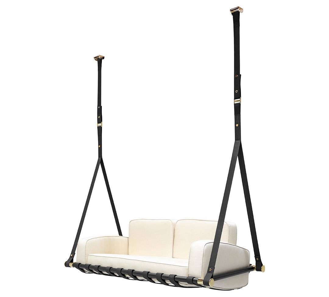 Moderne The Moderns Outdoor Swing Sofa in Black Stainless Steel with Beige Waterproof Fabric (canapé d'extérieur moderne en acier inoxydable noir avec tissu imperméable beige) en vente