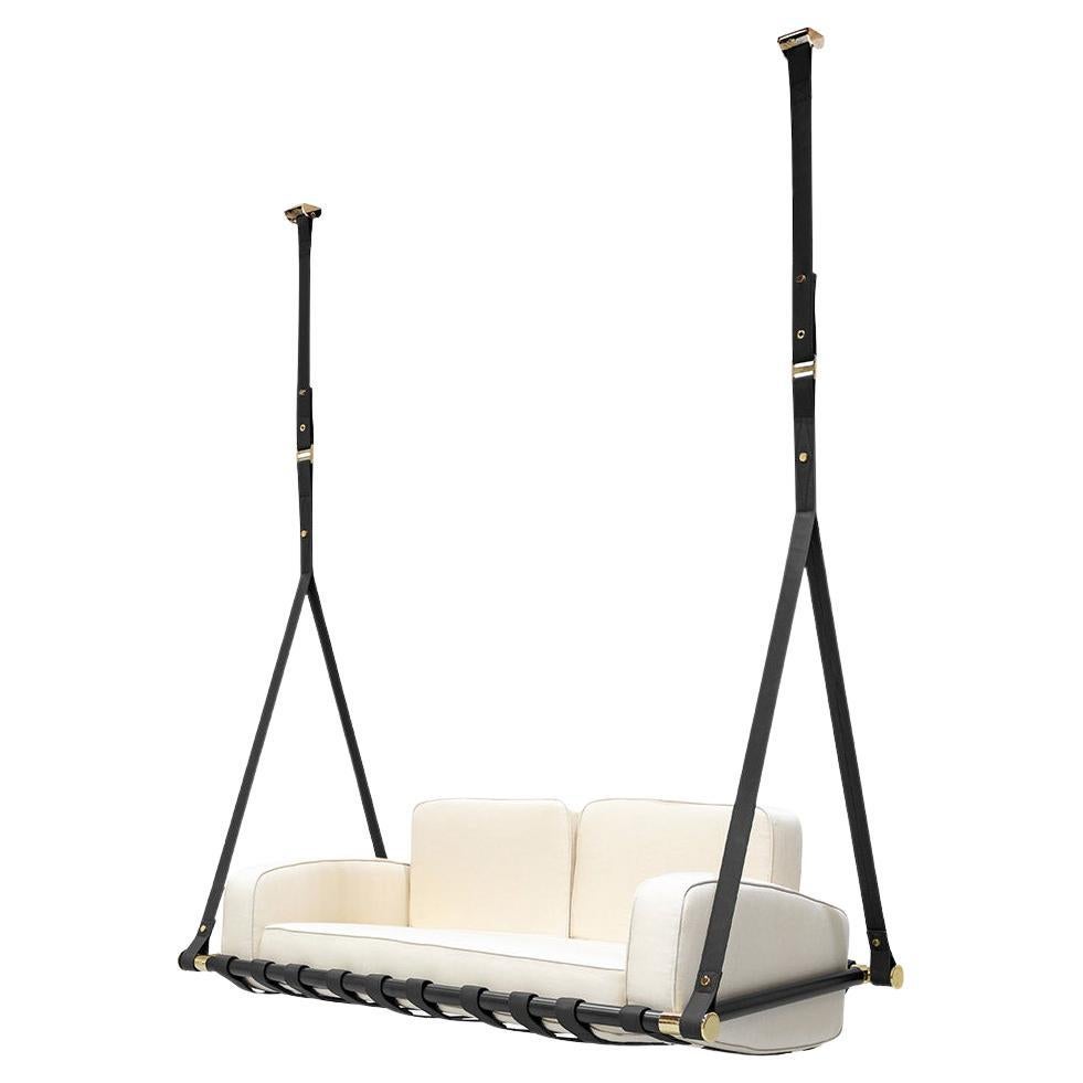 Modern Outdoor Swing Sofa in Black Stainless Steel with Beige Waterproof Fabric