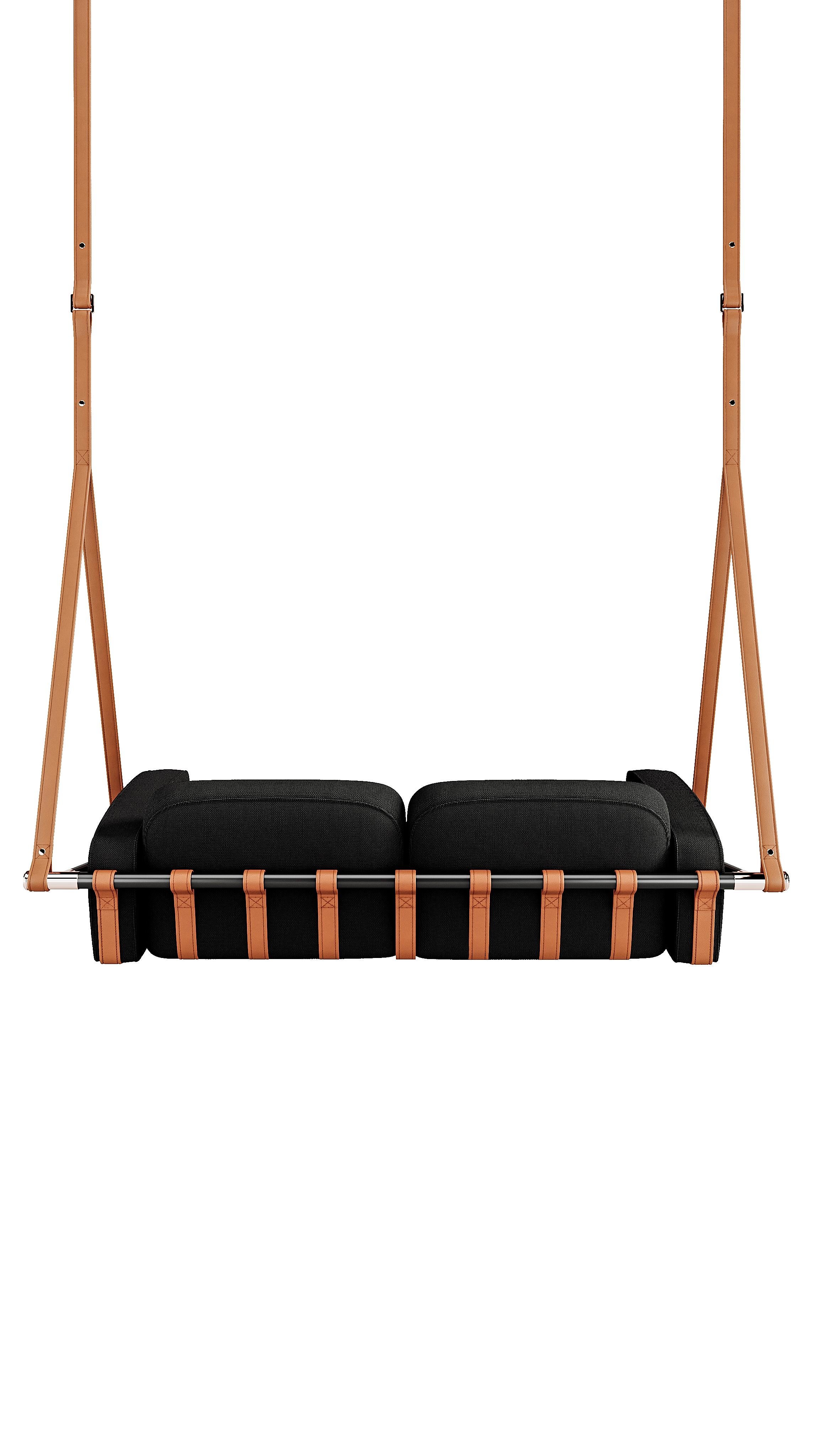 Fable - Hanging sofa by Myface

21st-century contemporary outdoor hanging sofa made with suspension: Outdoor leather straps, Metallic, Structure: Black lacquered  stainless steel, Upholstery: Acrylic fabric, Metallic Details: Gold plated 

Hold by
