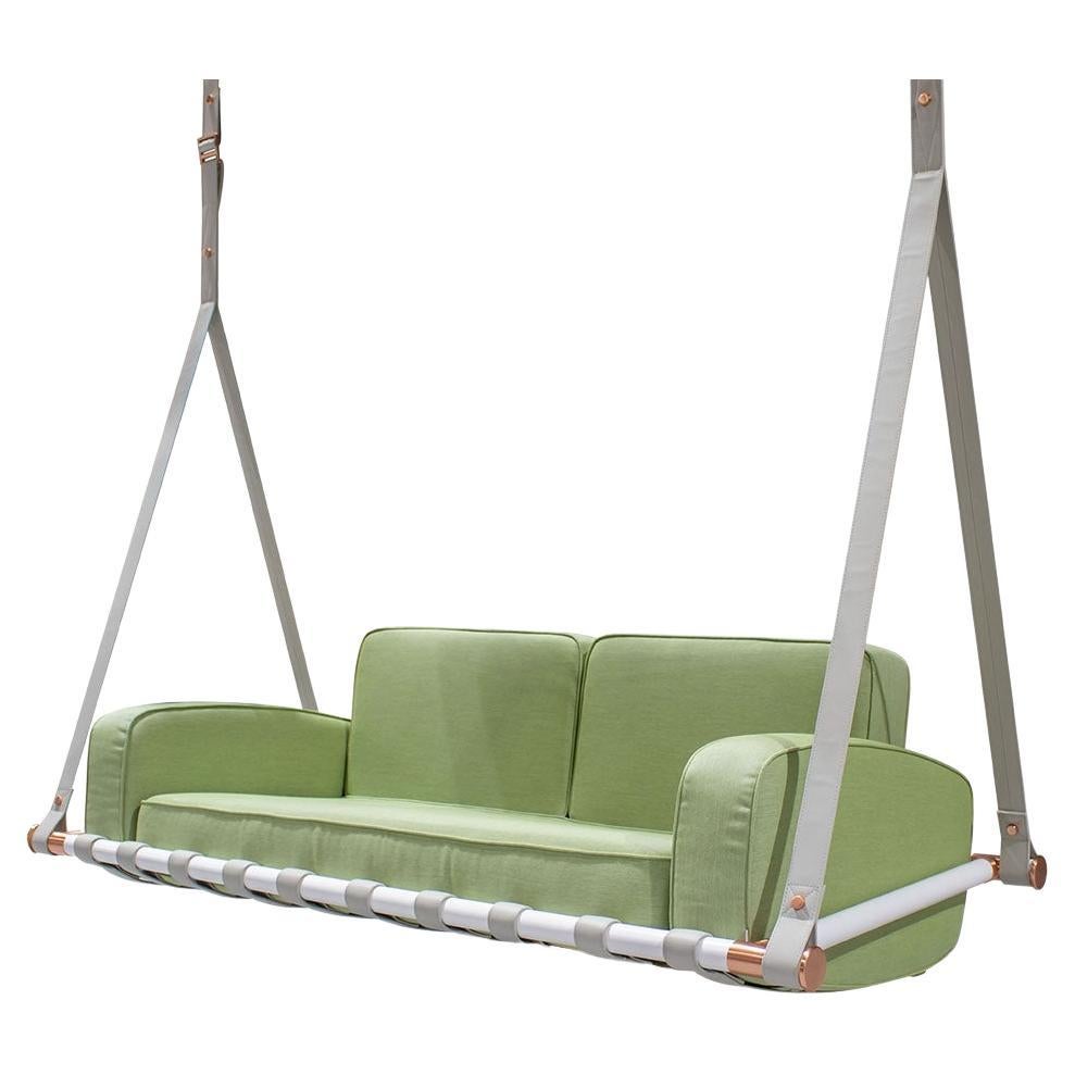 Modern Outdoor Suspended Sofa in White Lacquer with Water-Resistant Green Fabric For Sale