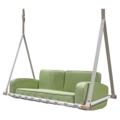 Modern Outdoor Suspended Sofa in White Lacquer with Water-Resistant Green Fabric