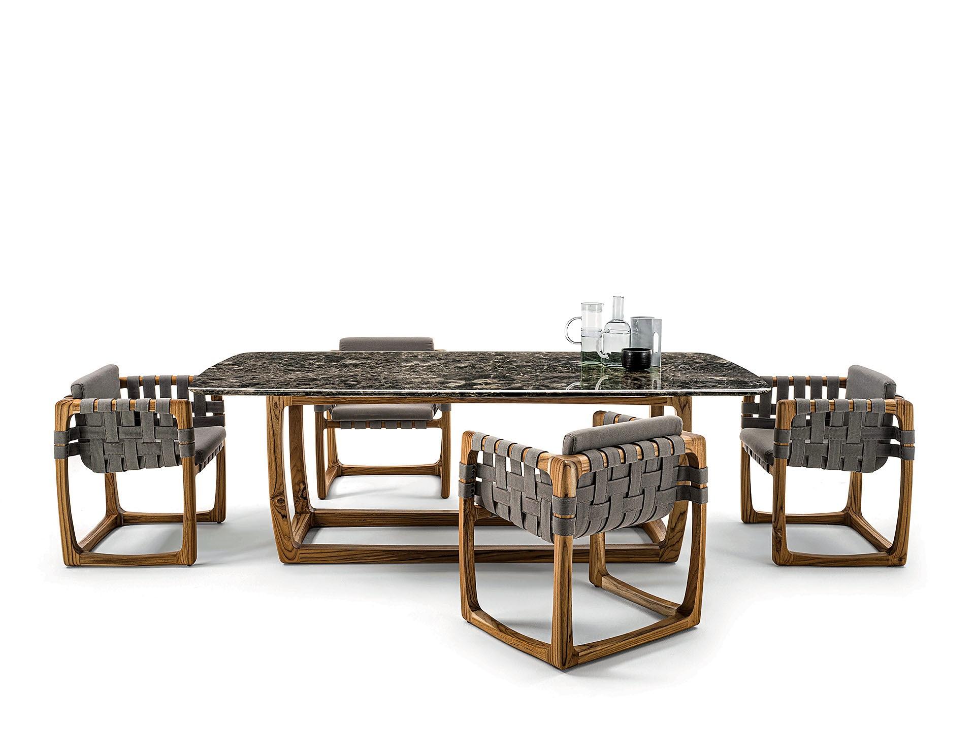 Table de salle à manger d'extérieur contemporaine en marbre, six chaises de salle à manger en teck massif en vente 5