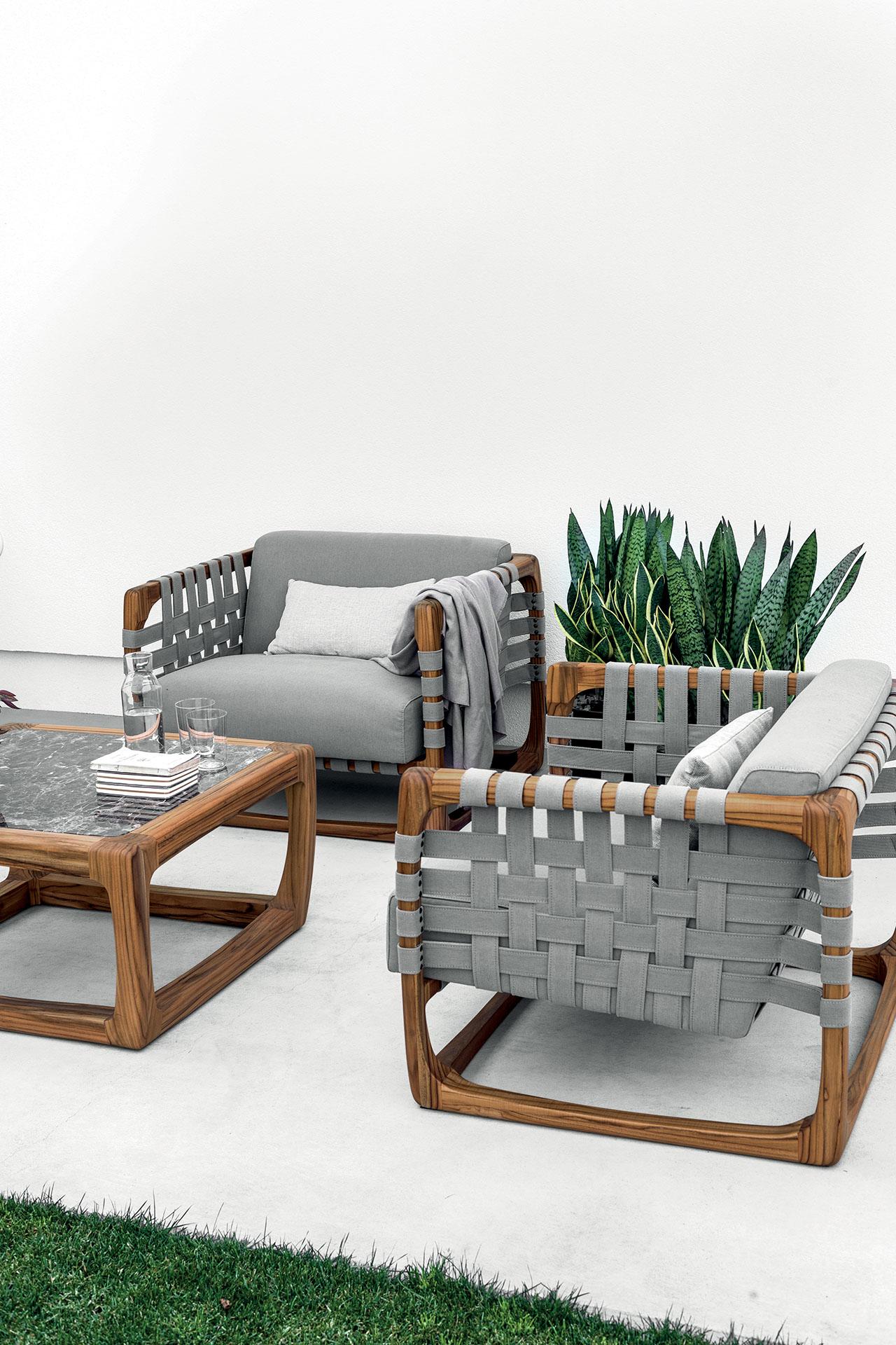 Mesa de comedor contemporánea de mármol para exterior, seis sillas de comedor de teca maciza en venta 1