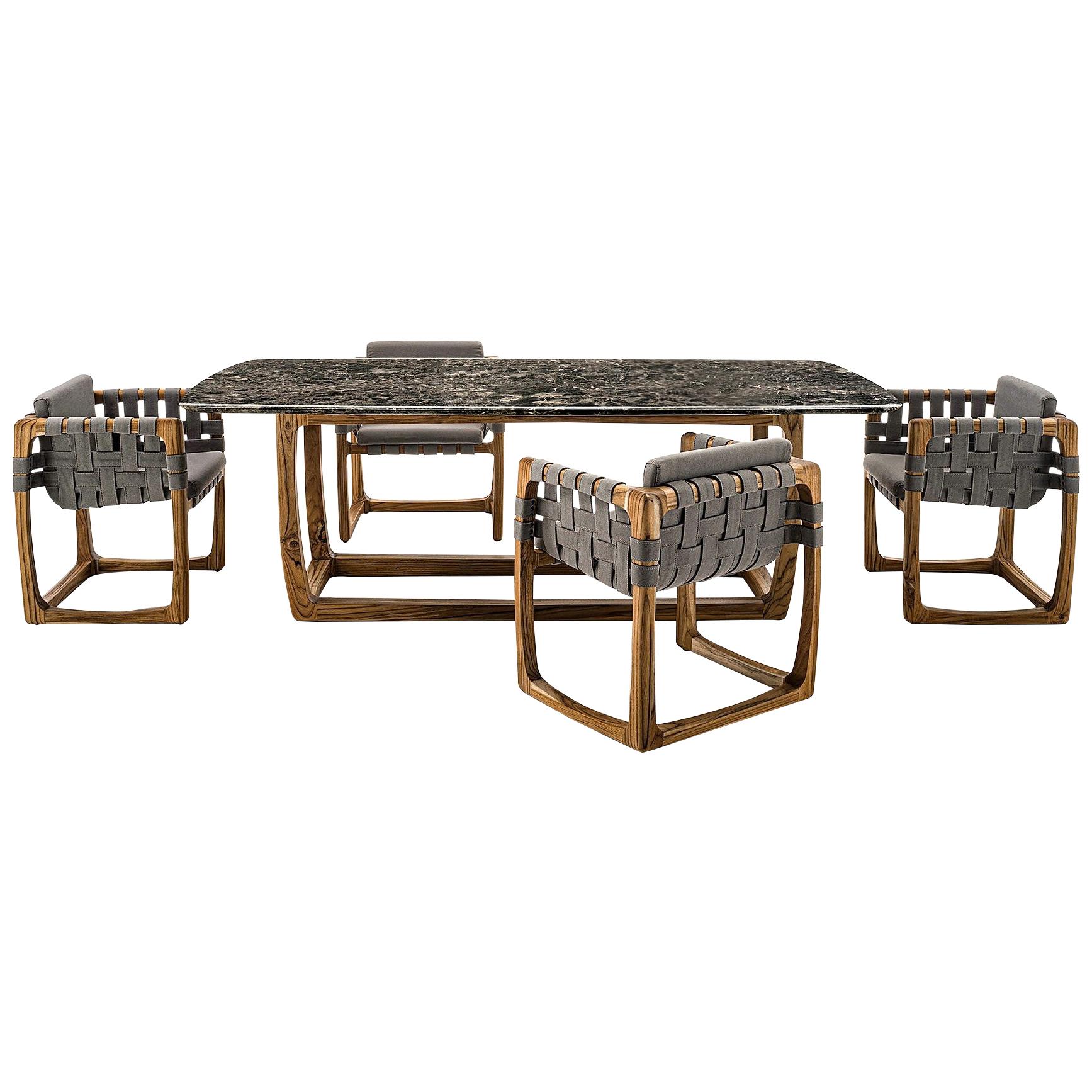 Table de salle à manger d'extérieur contemporaine en marbre, six chaises de salle à manger en teck massif