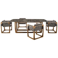 Contemporary Outdoor Marble Dining Table, Six Dining Chairs in Solid Teak