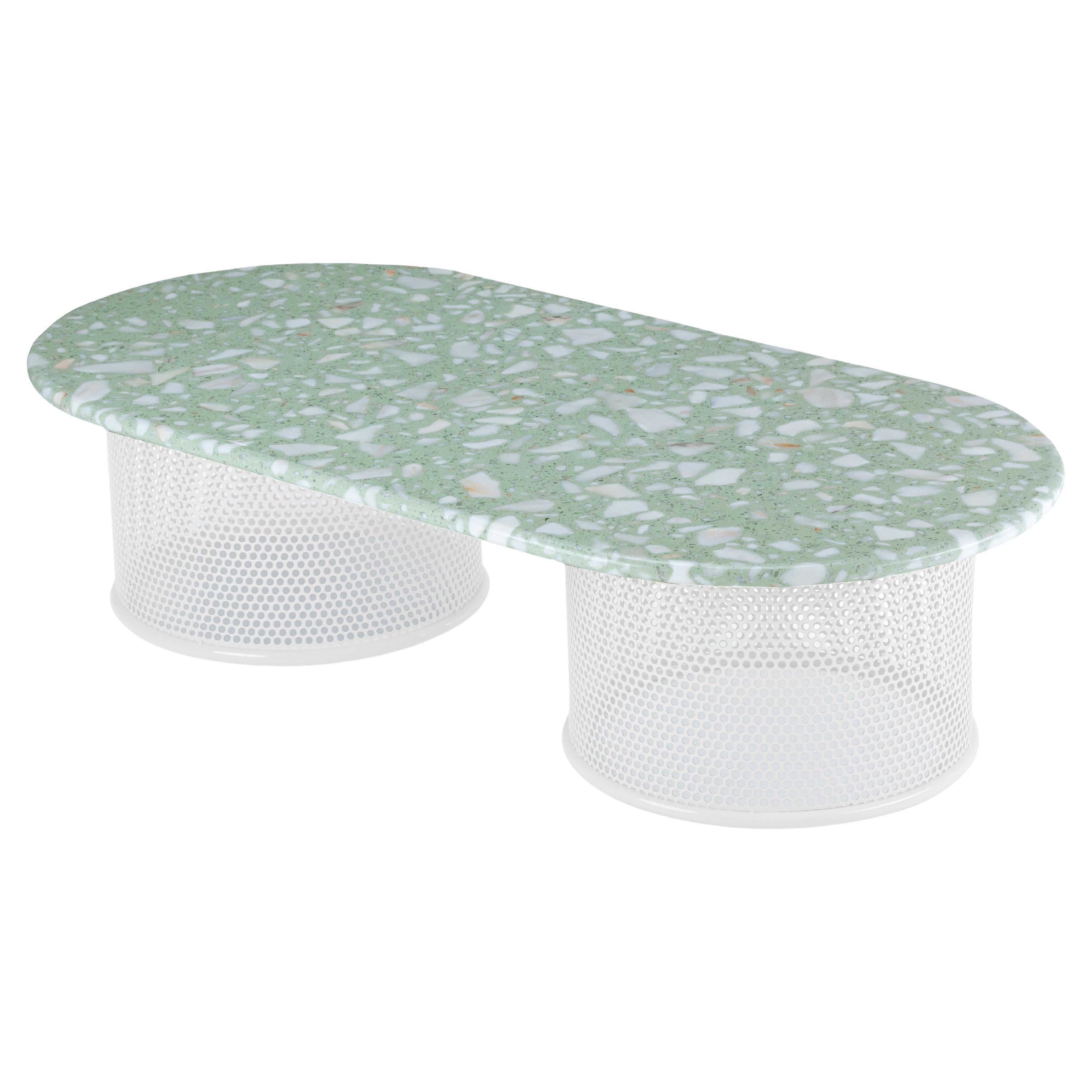 Contemporary Outdoor Riviera Center table in Ivory lacquered metal and marble