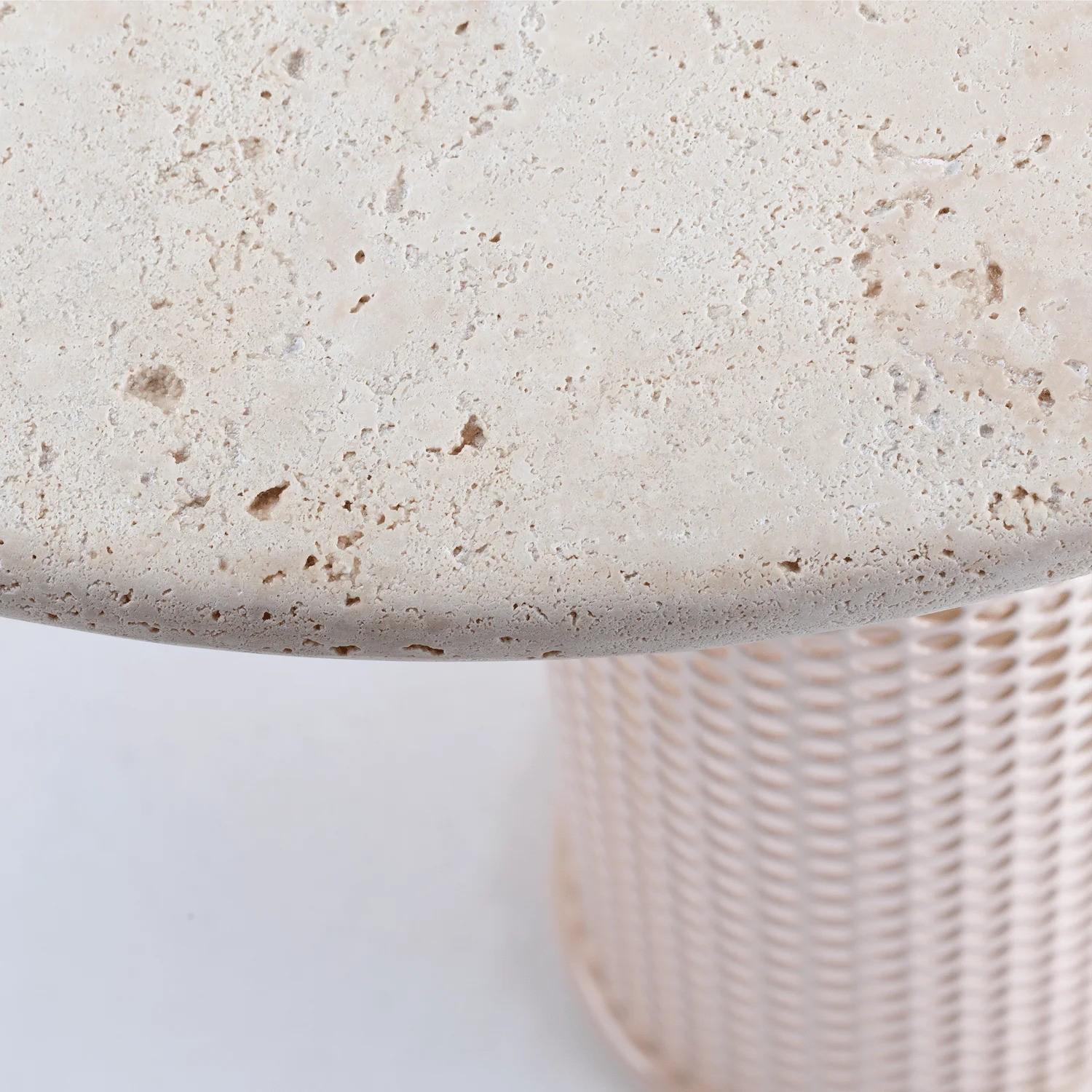Post-Modern Contemporary Outdoor Riviera Side table in lacquered Sage metal and Travertine For Sale