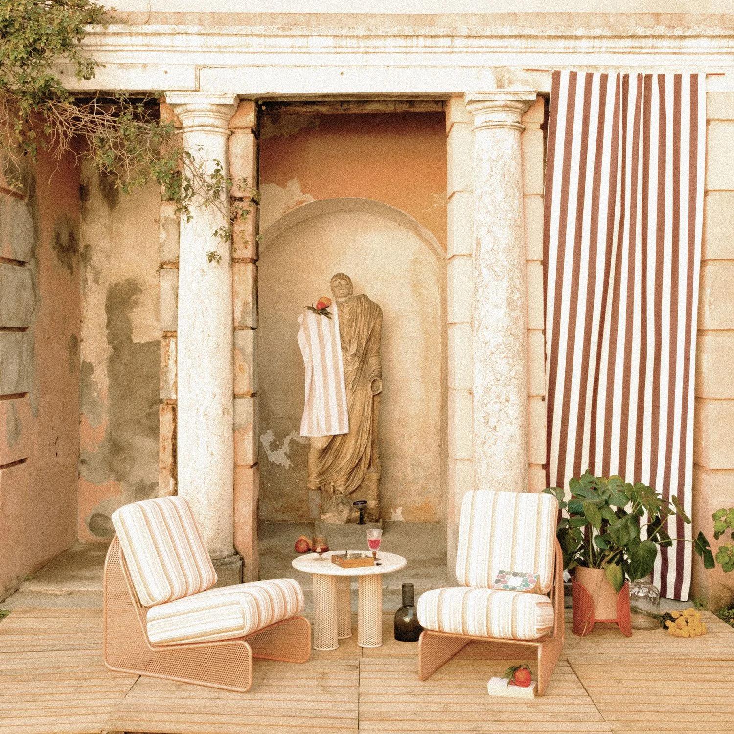 Portuguese Contemporary Outdoor Riviera Side table in lacquered Sage metal and Travertine For Sale